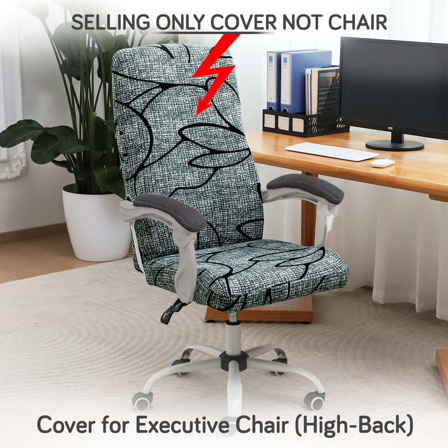 Printed Office Chair Cover for Executive Chair (High-Back) – 140 GSM Stretchable Fabric – Washable & Anti-Slip – Fits Big & Tall Office Chairs, Intense Grey Abstract Floral
