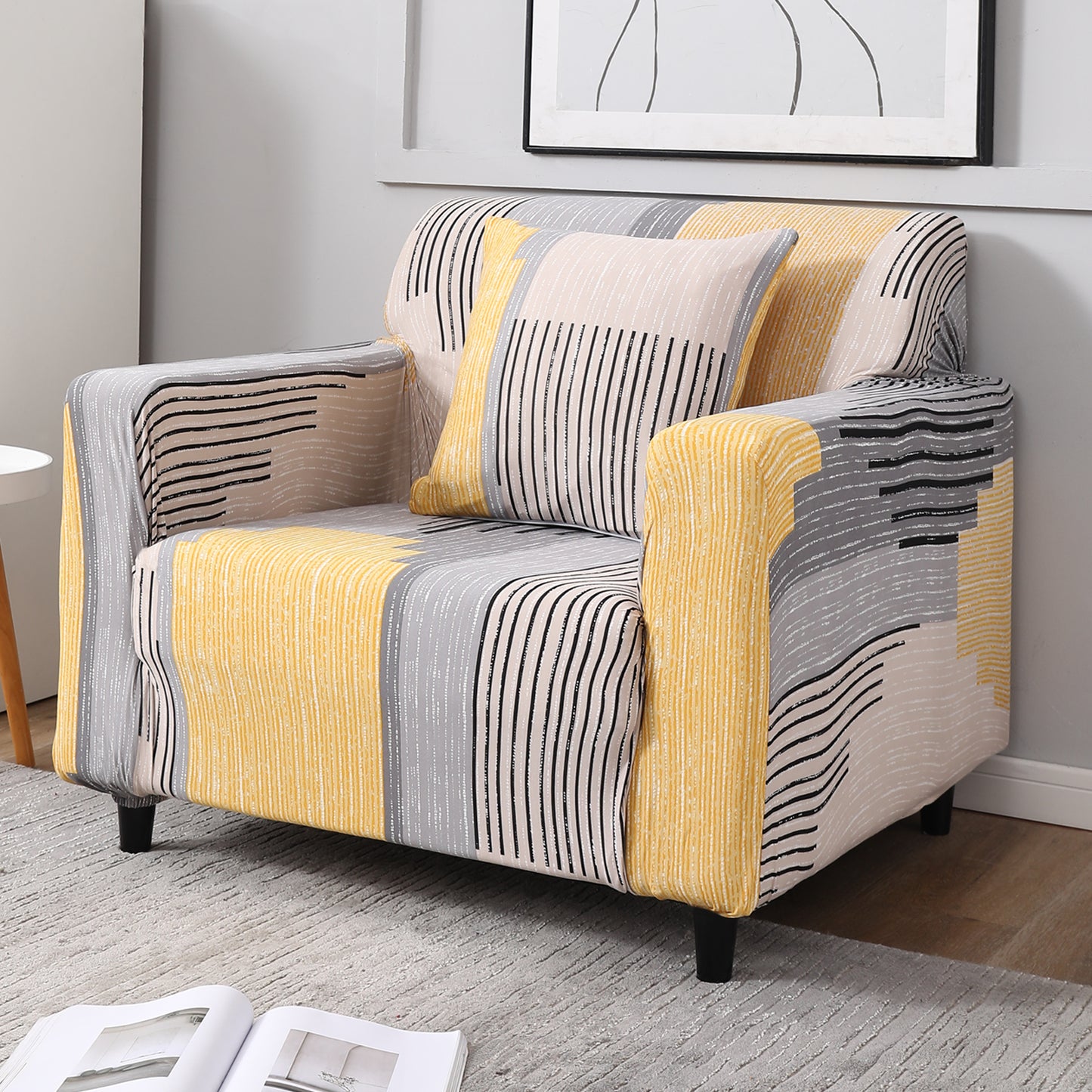 Multicolor Linear Lines printed and polyester elastic stretchable single sofa cover
