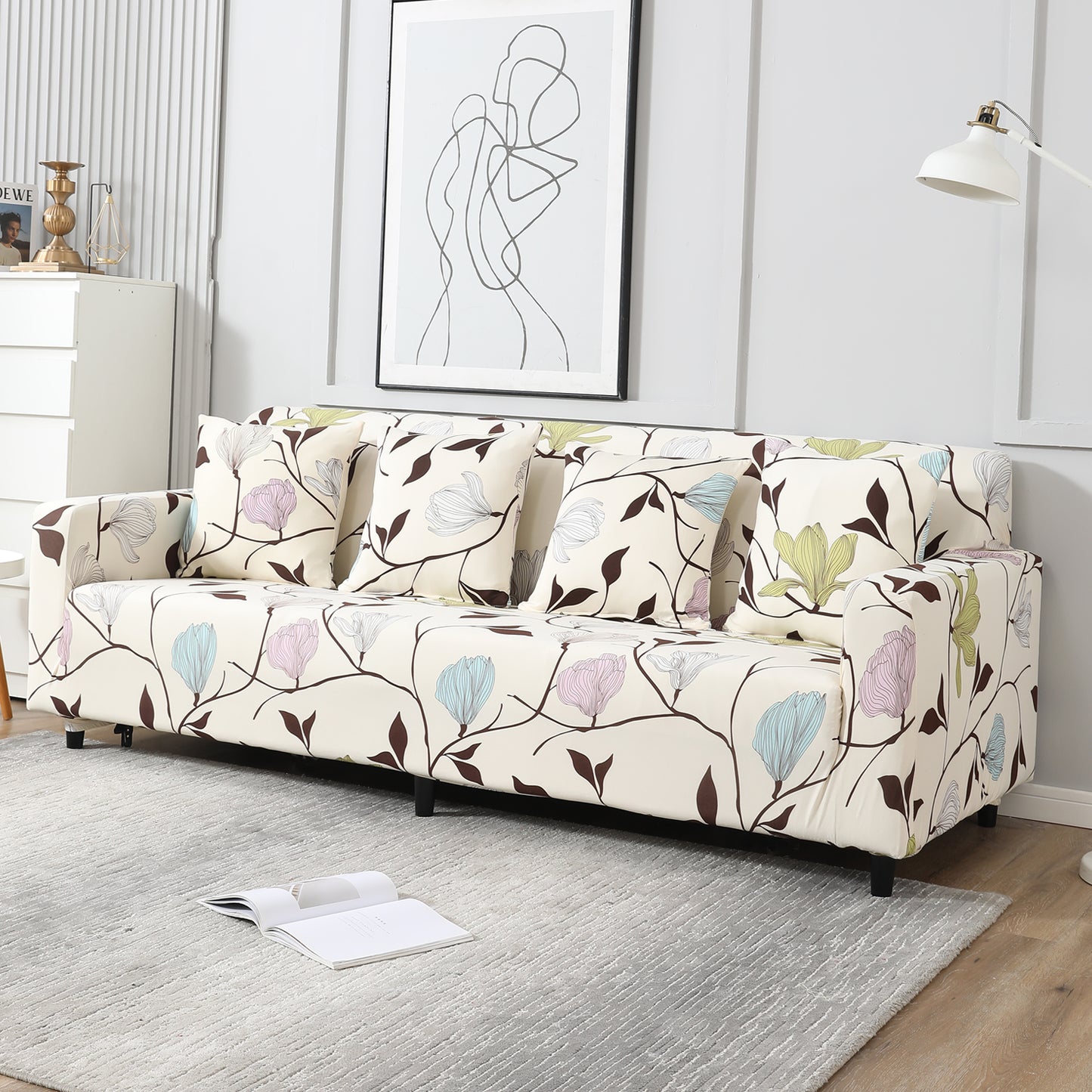 Beige Brown Leaves, non slip, Stretchable 4 seater sofa covers