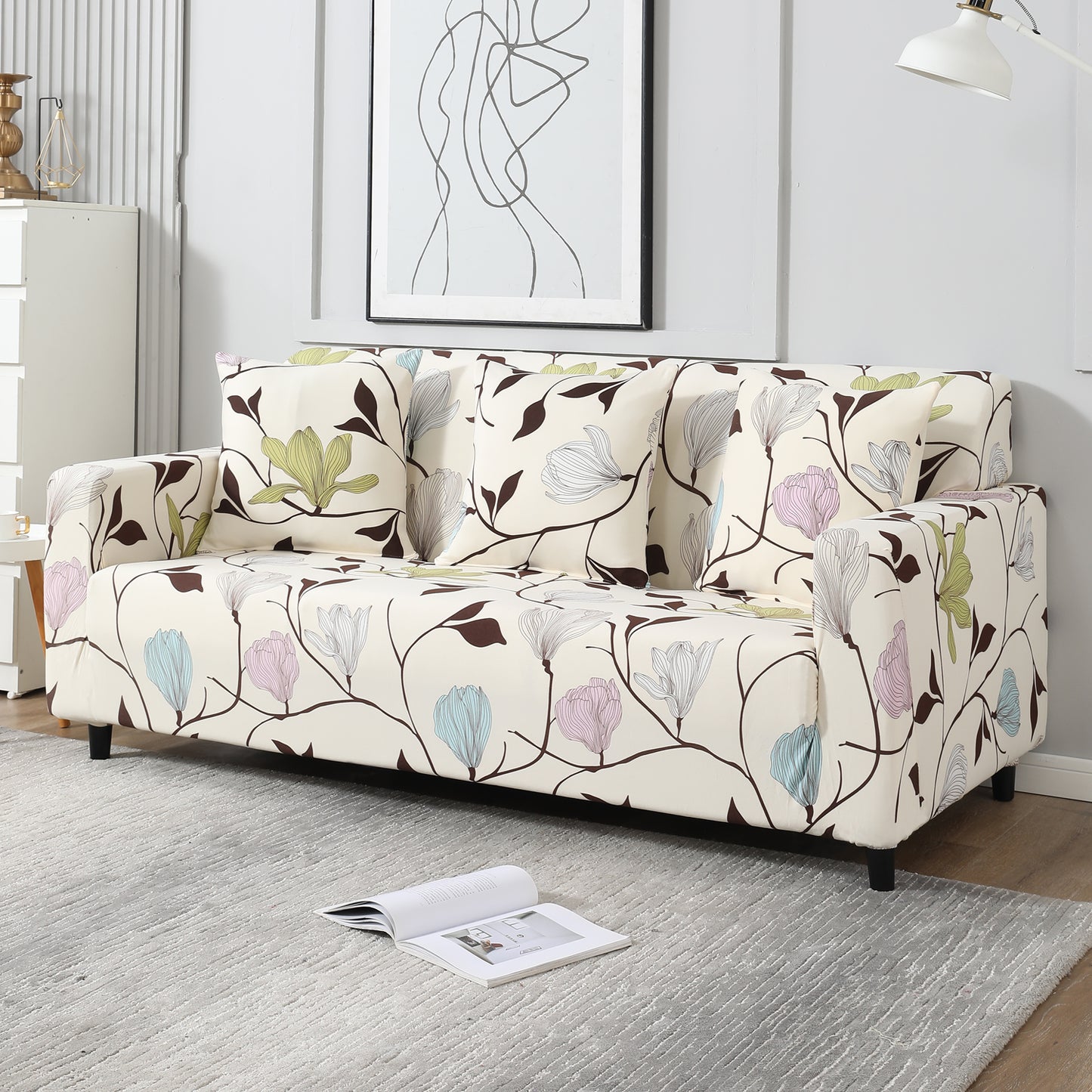 Beige Brown Leaves non slip elastic 3 seater sofa covers