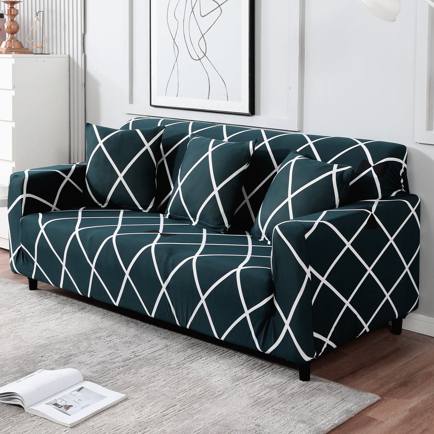 Teal Diamond modern elastic 3 seater sofa covers
