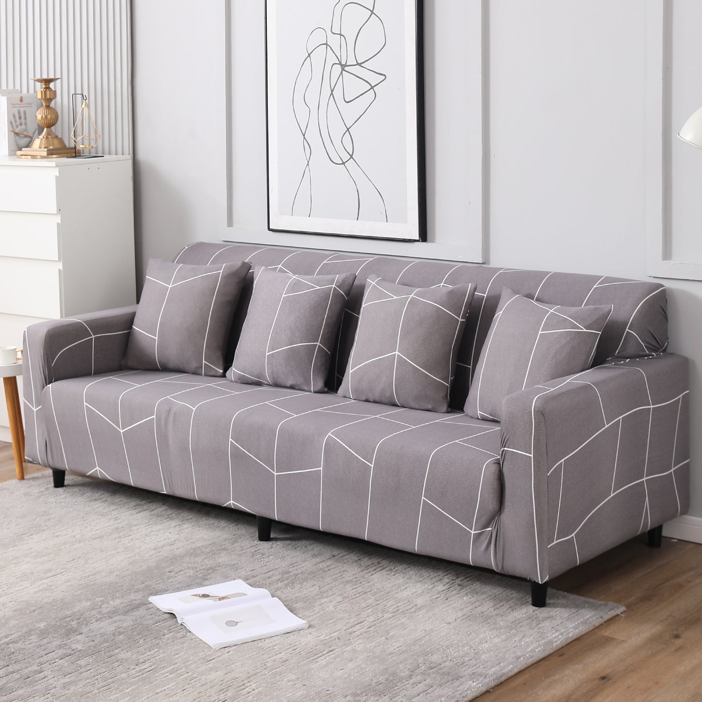 Ash Grey Abstract, non slip, Stretchable 4 seater sofa covers