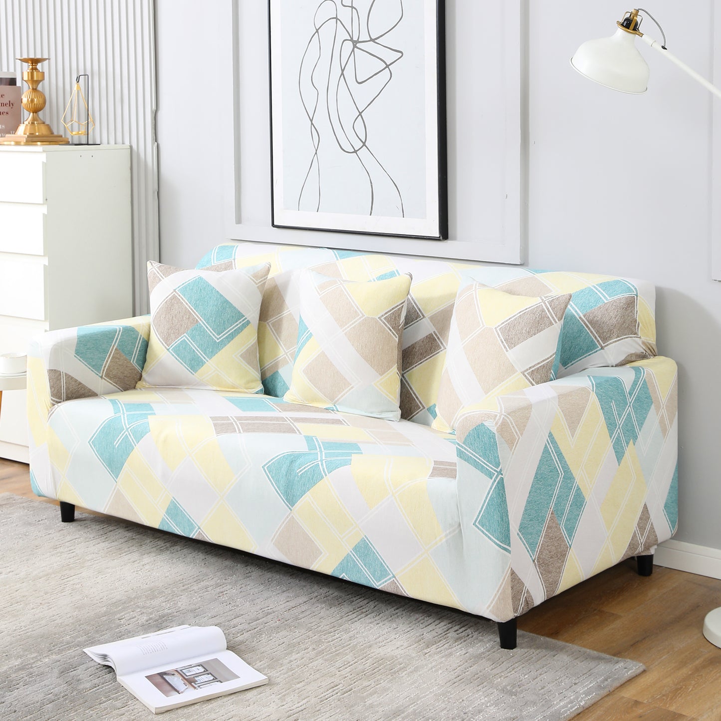 Pastel Diamond Printed elastic 3 seater modern sofa cover design