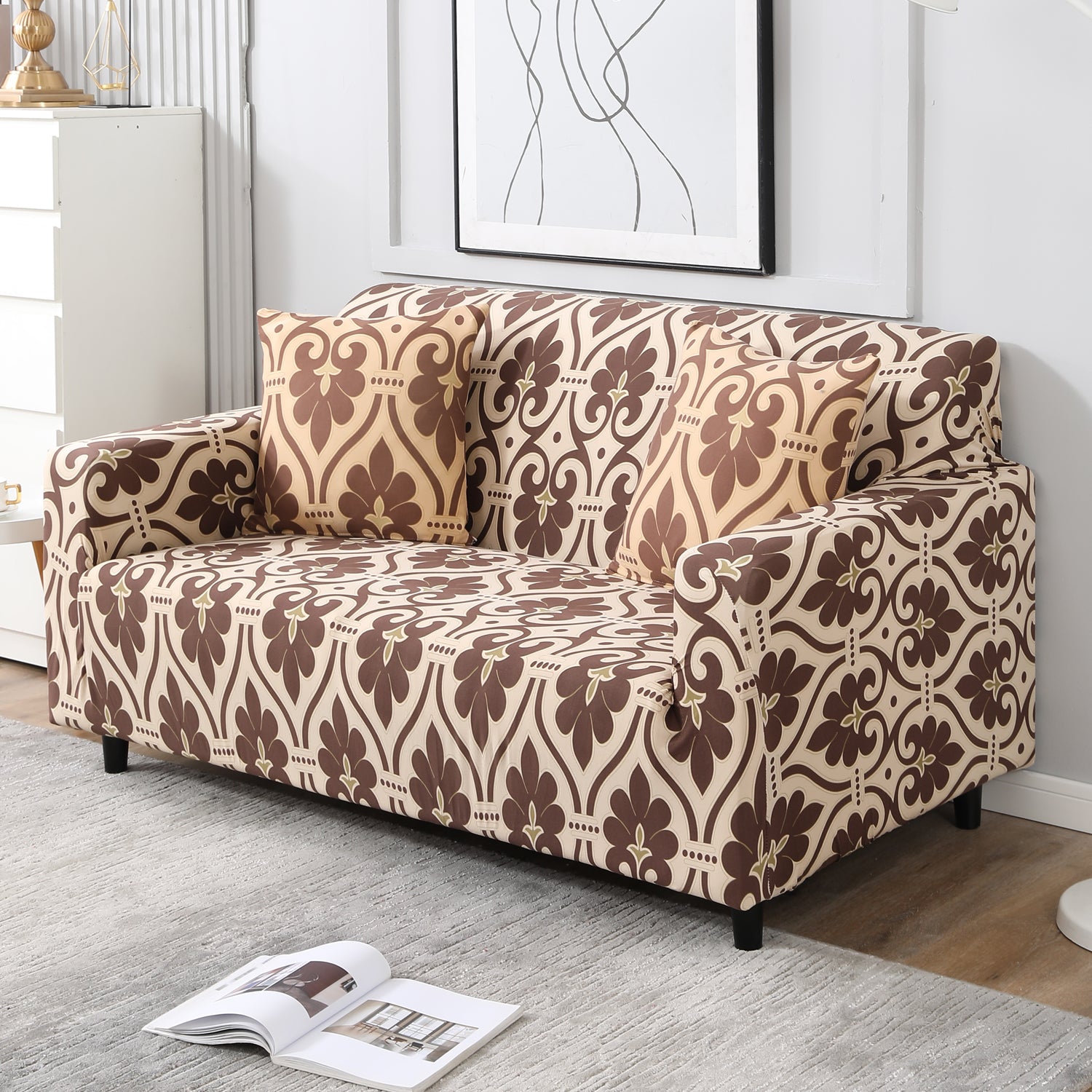 Beige Damask Printed stretchable two seater sofa cover and pillow cover