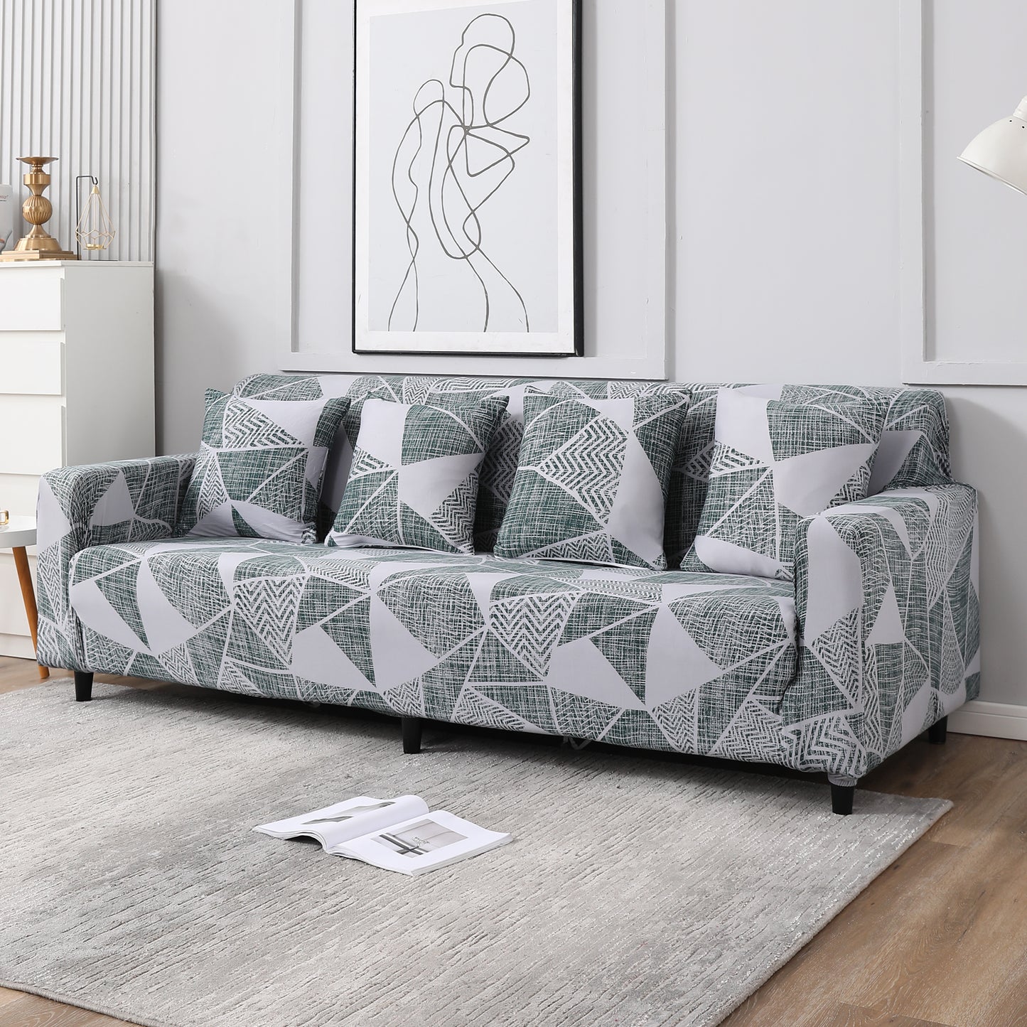 Grey Geometric Abstract Print, non slip, elastic 4 seater sofa covers