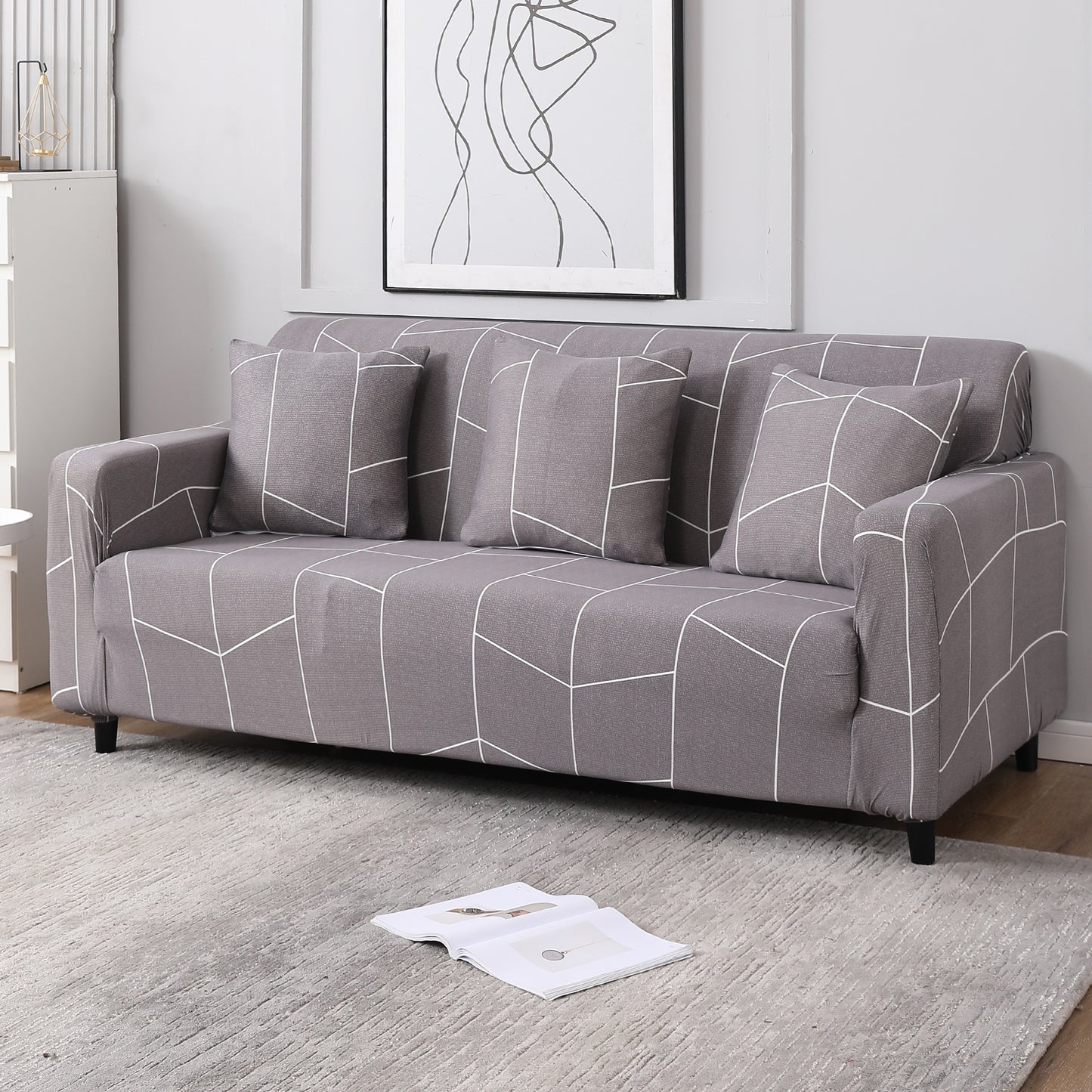 Ash Grey Abstract non slip elastic 3 seater sofa cover