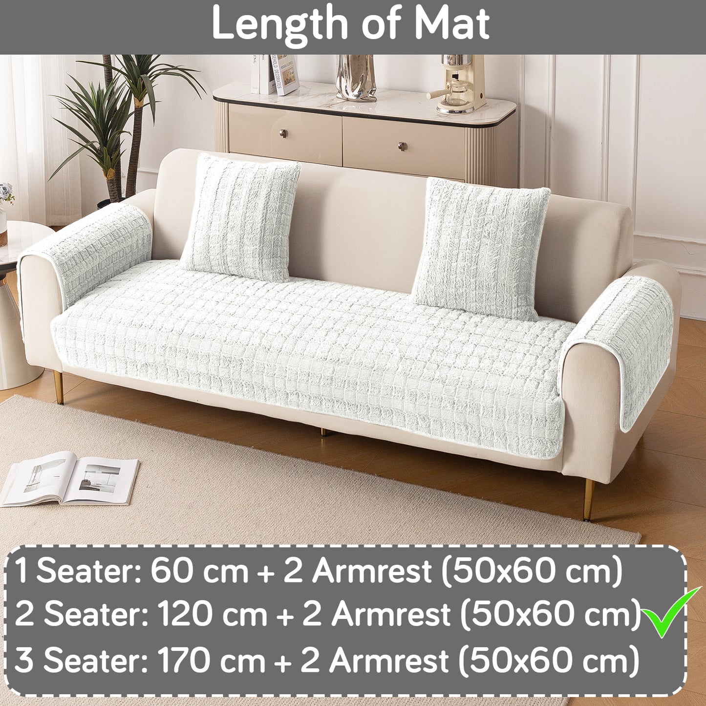 Premium Plush Sofa Cover Mat with 2 Armrest Cover, White