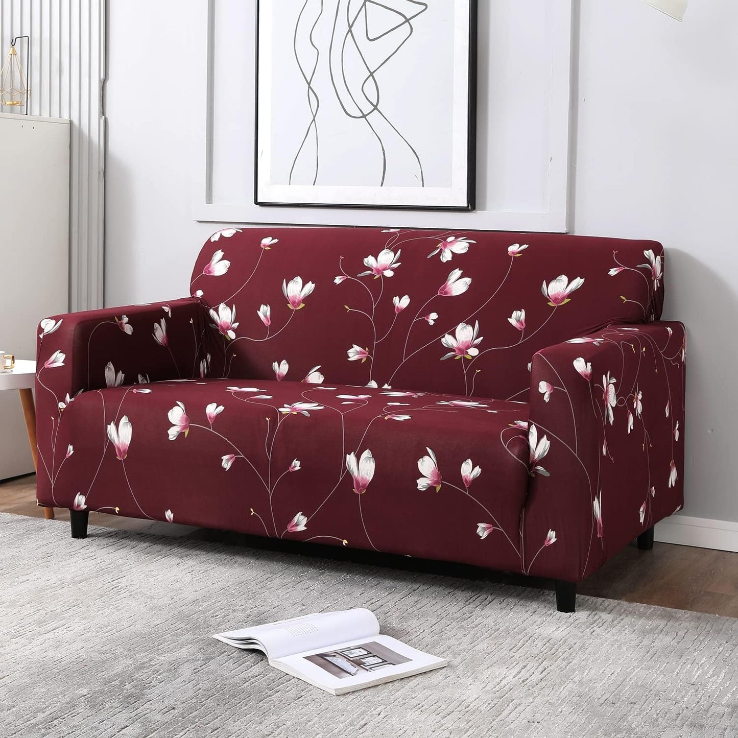 wine red floral print 2 Seater elastic sofa cover