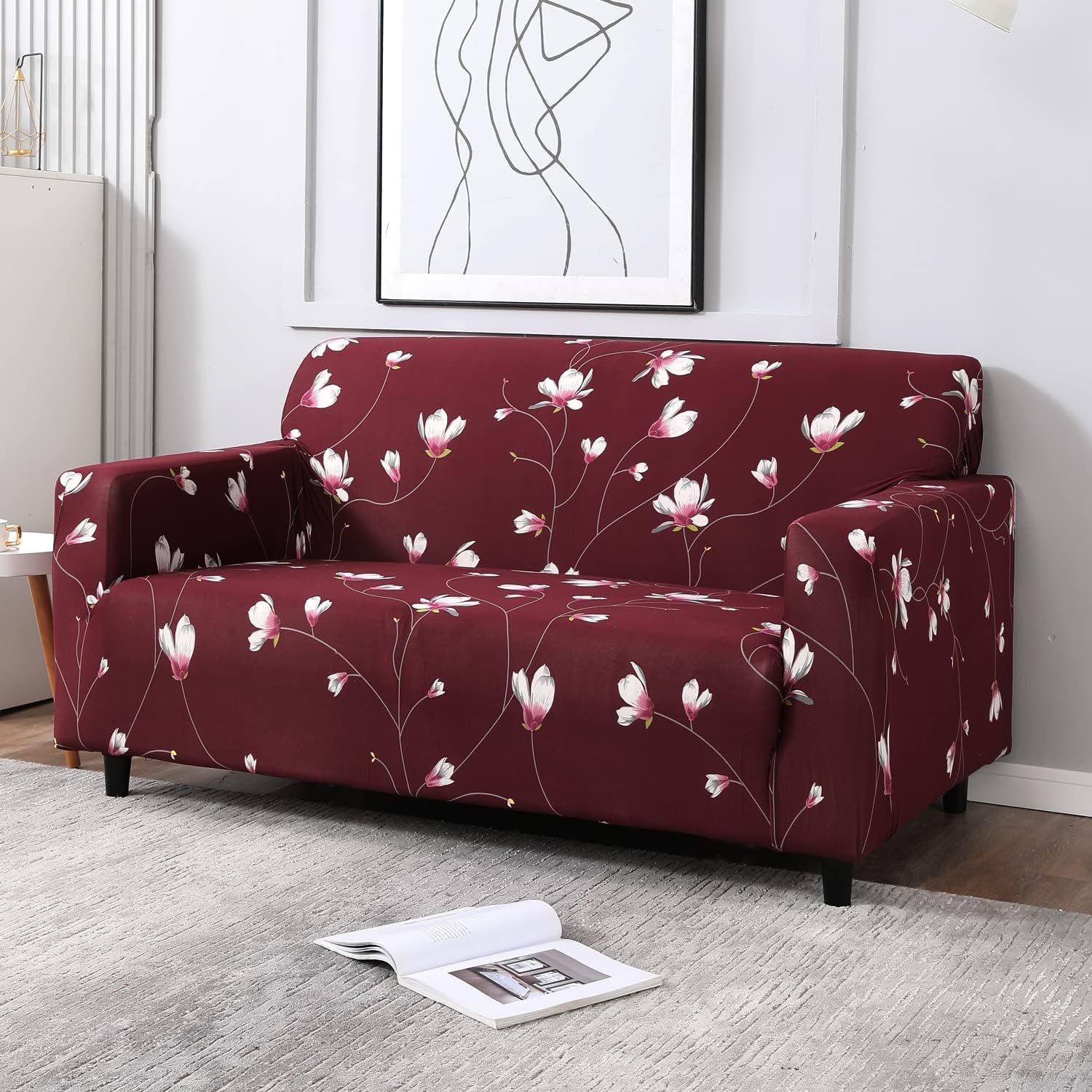 wine red floral print 2 Seater elastic sofa cover