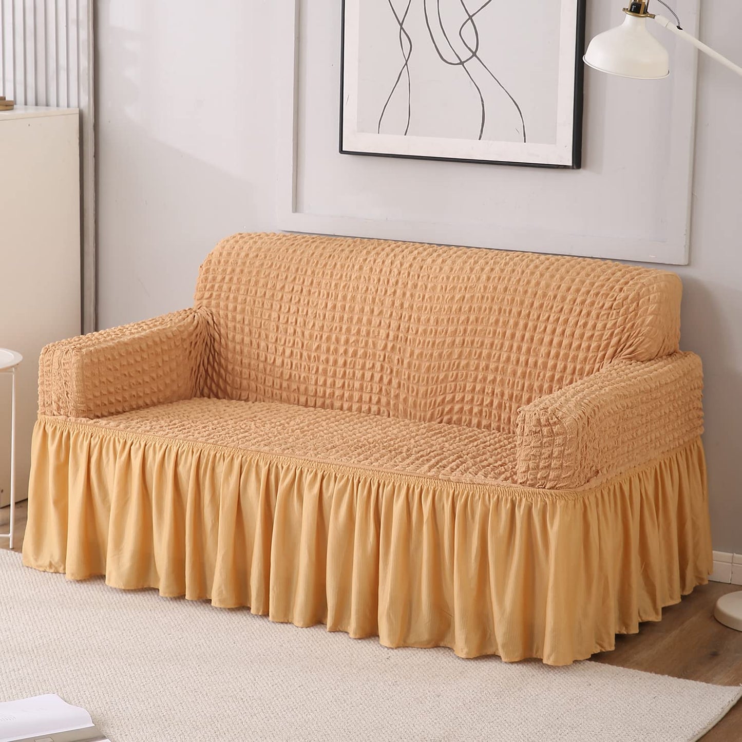 Light Brown Elastic Turkish Bubble Frill 3 seater sofa cover