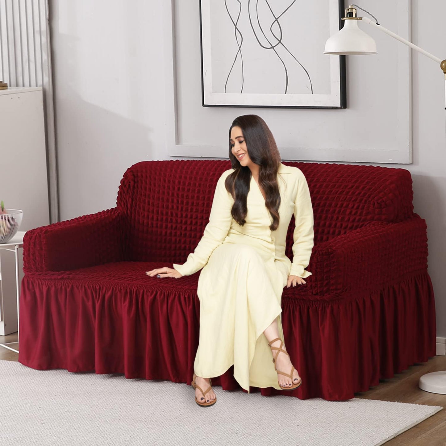 Cherry Red Elastic Turkish Bubble Frill 3 seater sofa cover