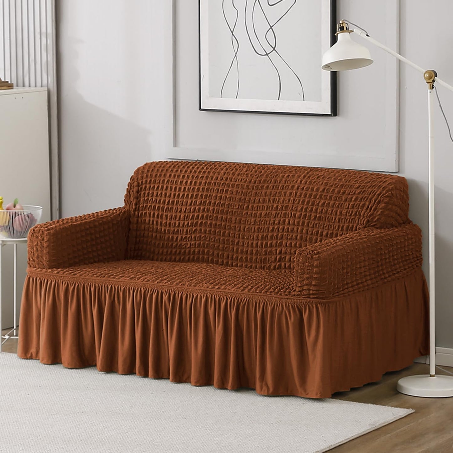 Chocolate Brown Stretchable Turkish Bubble three seater frill sofa cover