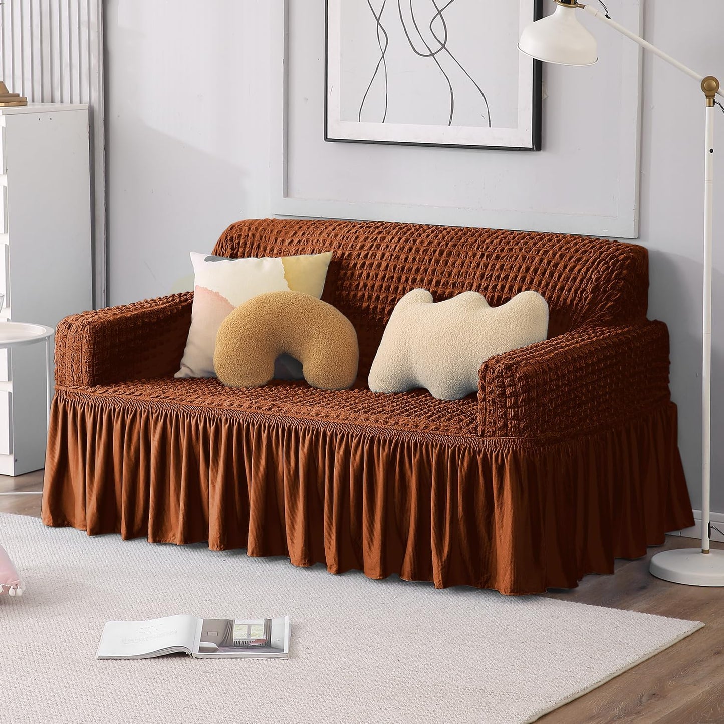 Chocolate Brown Elastic Turkish Bubble Frill two seater sofa cover
