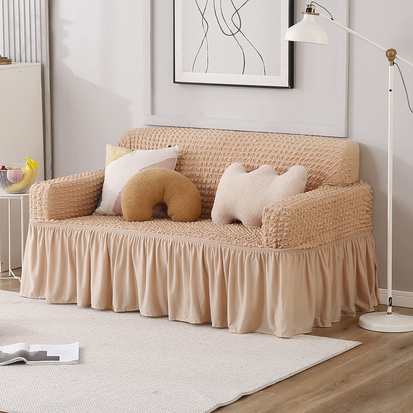 Beige Stretchable Turkish Bubble Frill 2 seater sofa cover