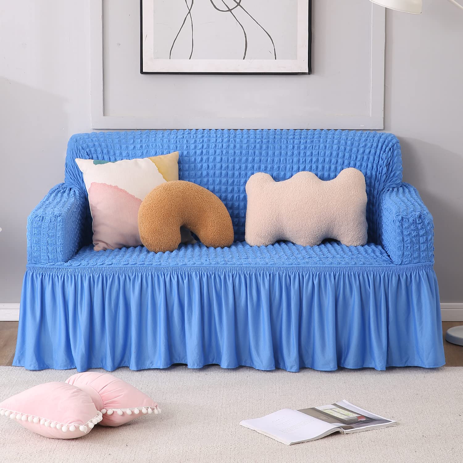 Sky Blue Stretchable Turkish Bubble Frill 2 seater sofa cover