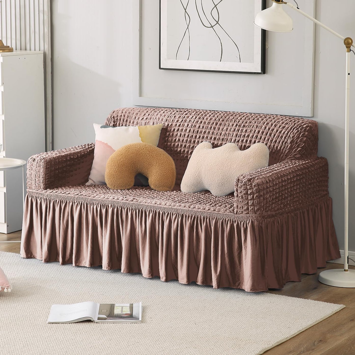 Mocha Stretchable Turkish Bubble three seater frill sofa cover