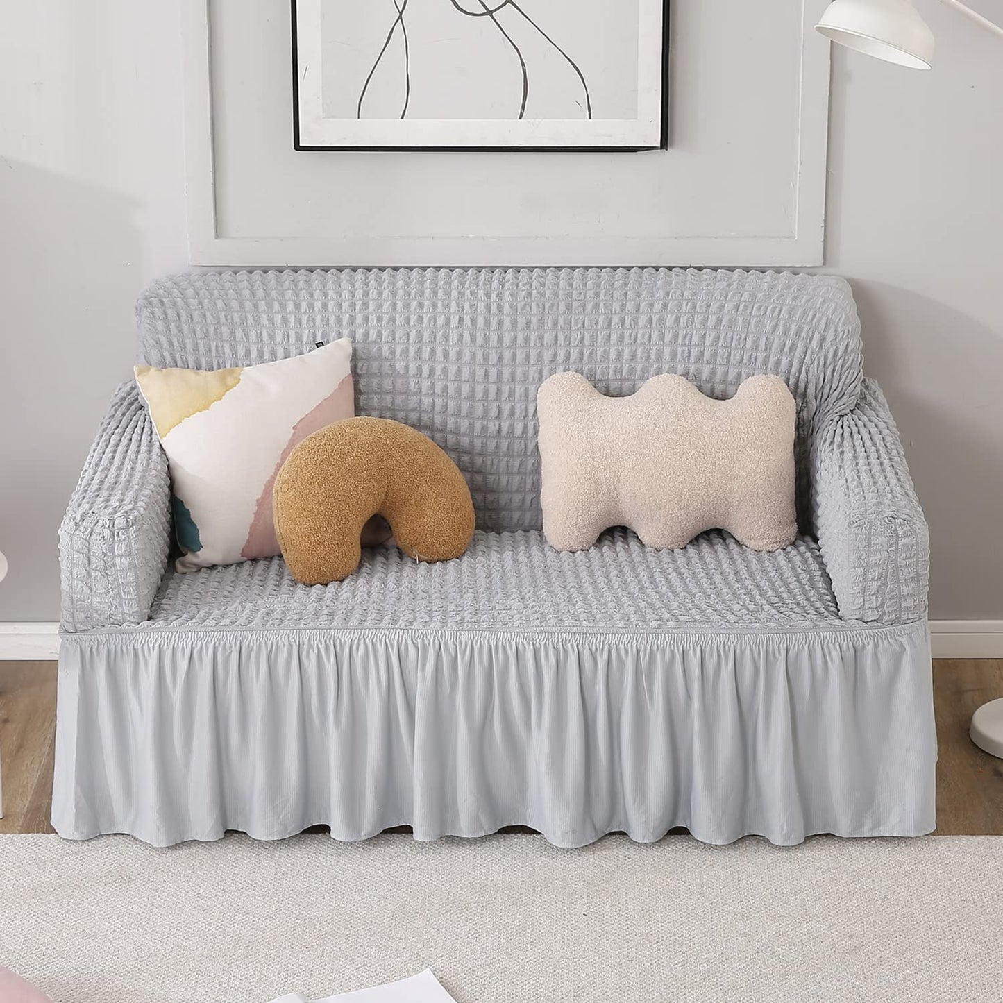 Ash Grey Stretchable Turkish Bubble Frill 2 seater sofa cover