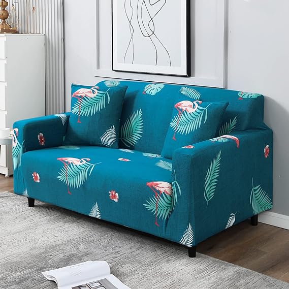 Teal colour feather print elastic two seater sofa cover
