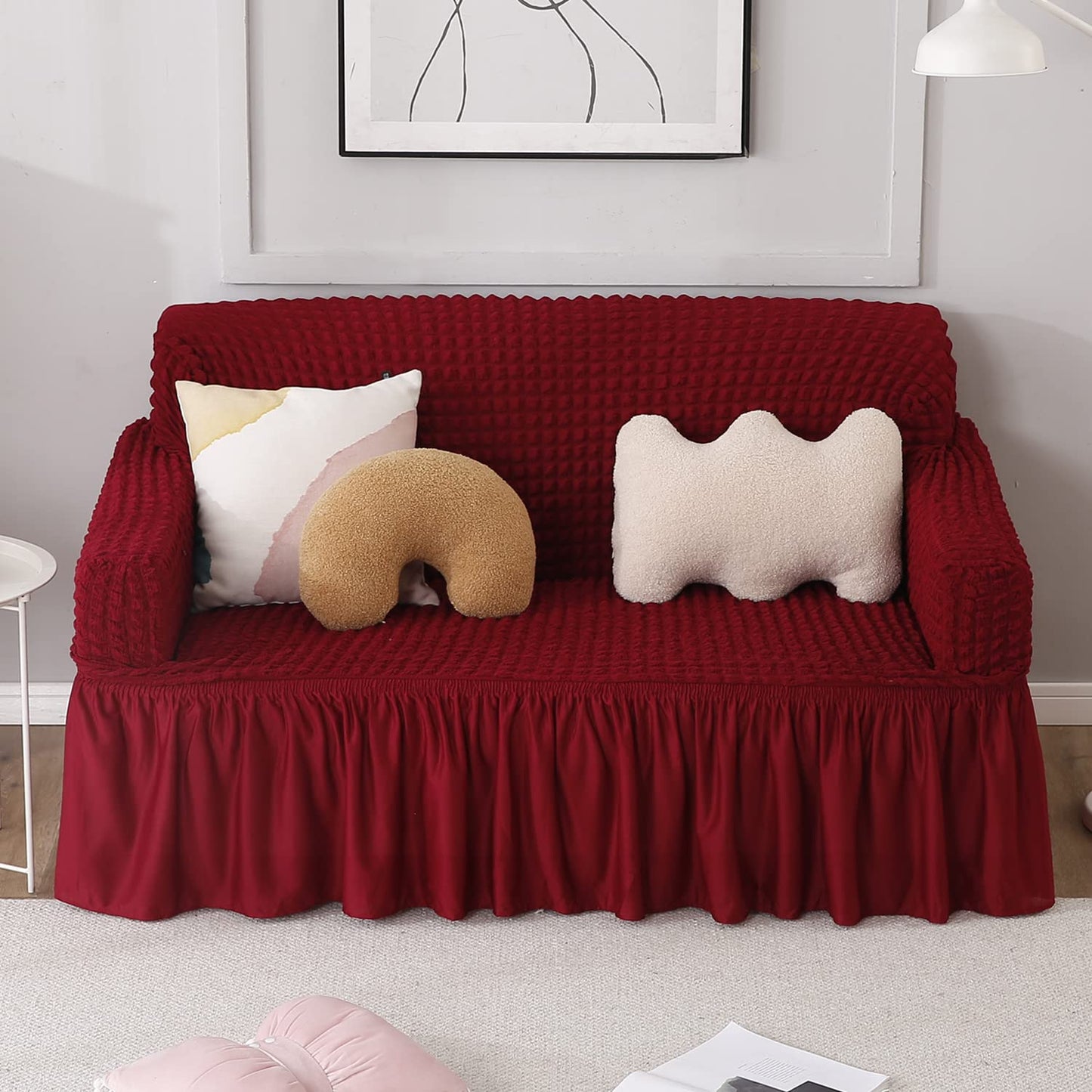 Cherry Red Stretchable Turkish Bubble Frill 2 seater sofa cover