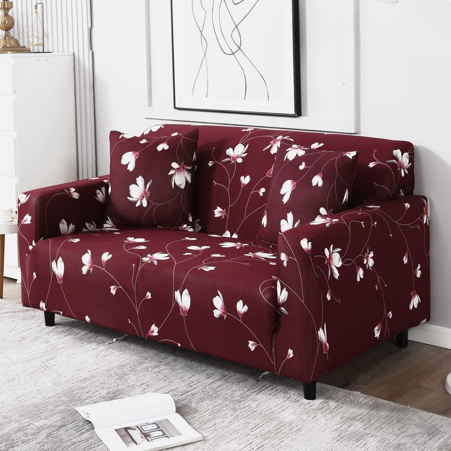 wine red floral print elastic two seater full sofa cover