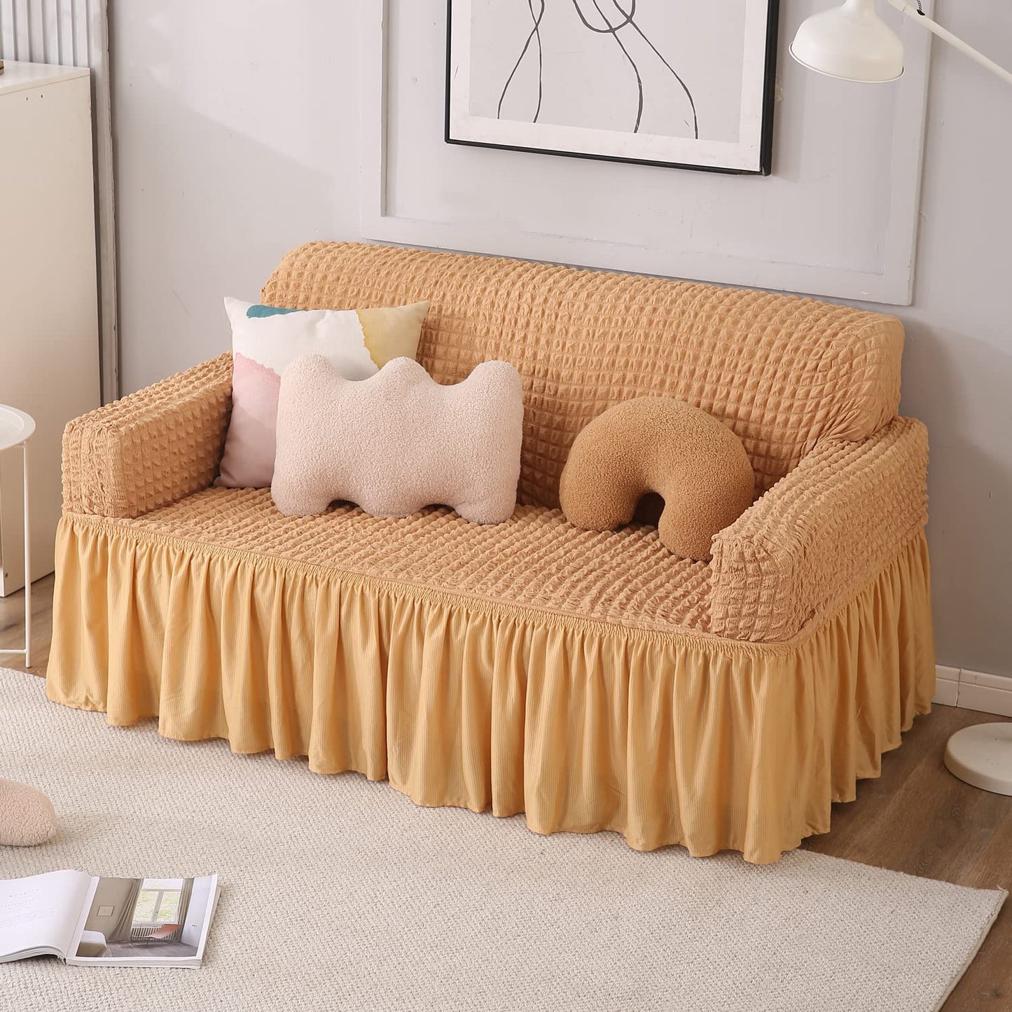 Light Brown Stretchable Turkish Bubble Frill 2 seater sofa cover