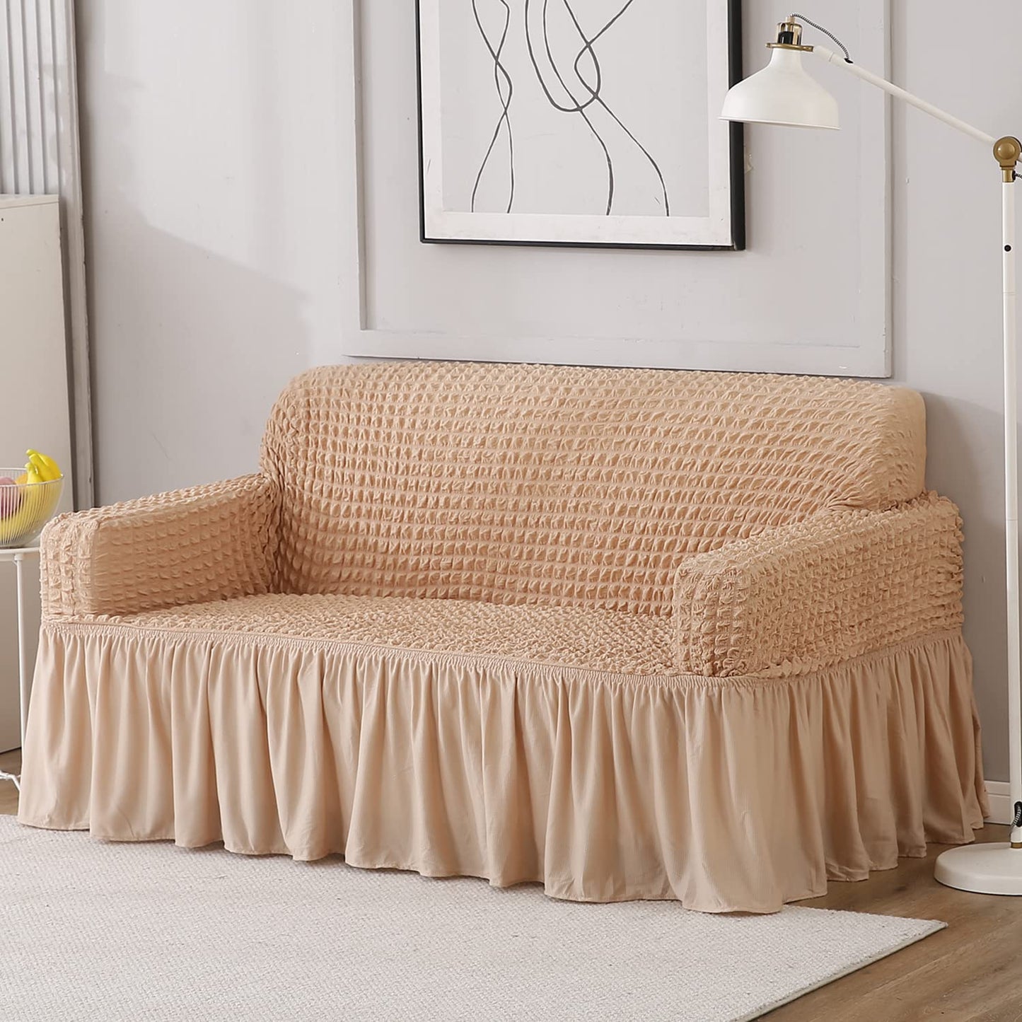 Beige Elastic Turkish Bubble Frill two seater sofa cover