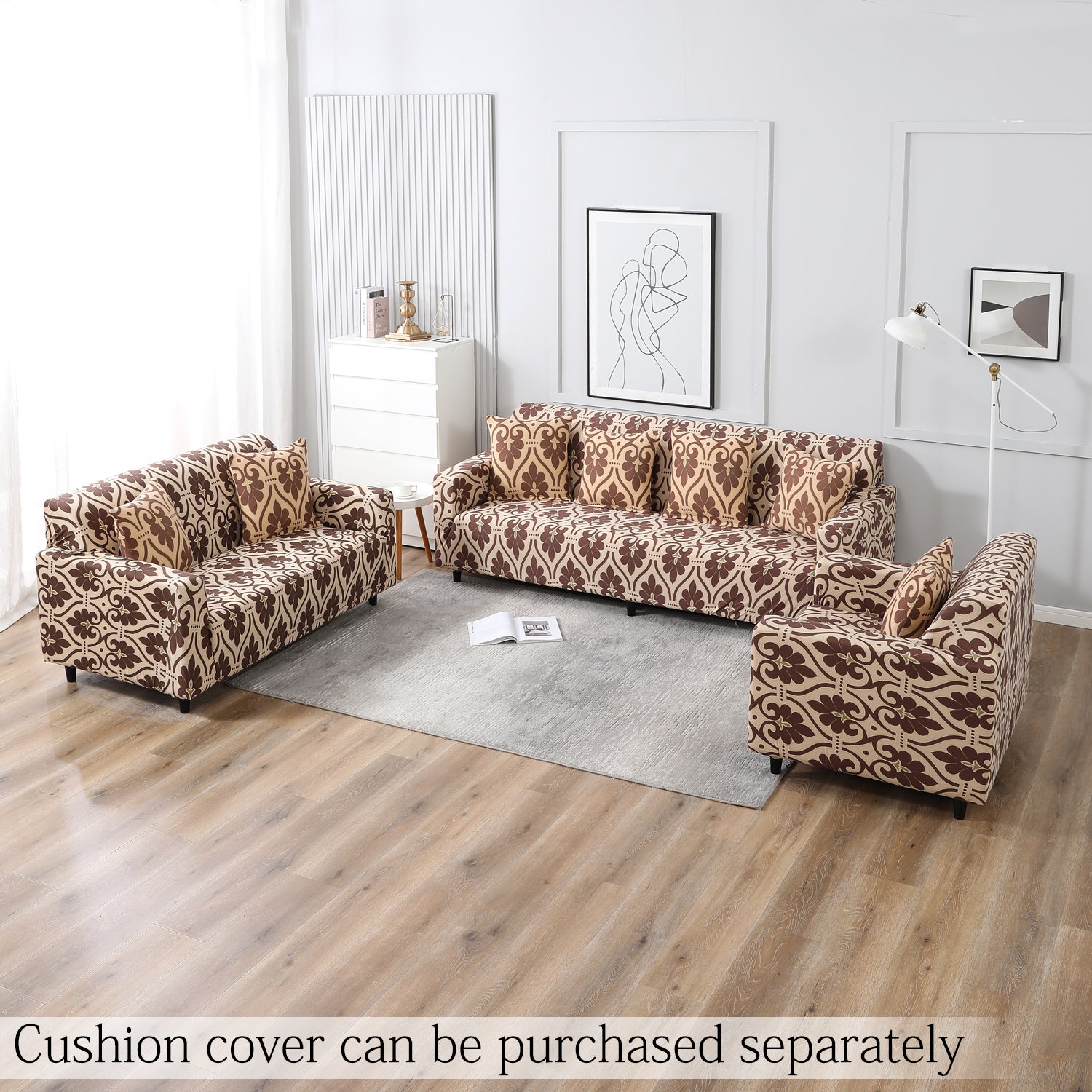Beige Damask Printed elastic sofa cover 3 2 seater & stretchable sofa cover 3+1+1 seater