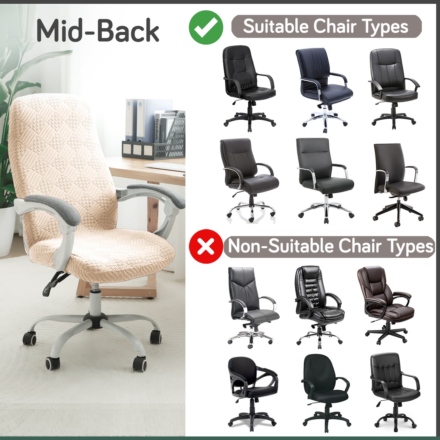 Office Chair Cover for Desk Chair (Mid-Back) – 170 GSM Stretch Jacquard – Washable, Durable & Anti-Slip – Fits Mid-Back Office Chairs, Beige