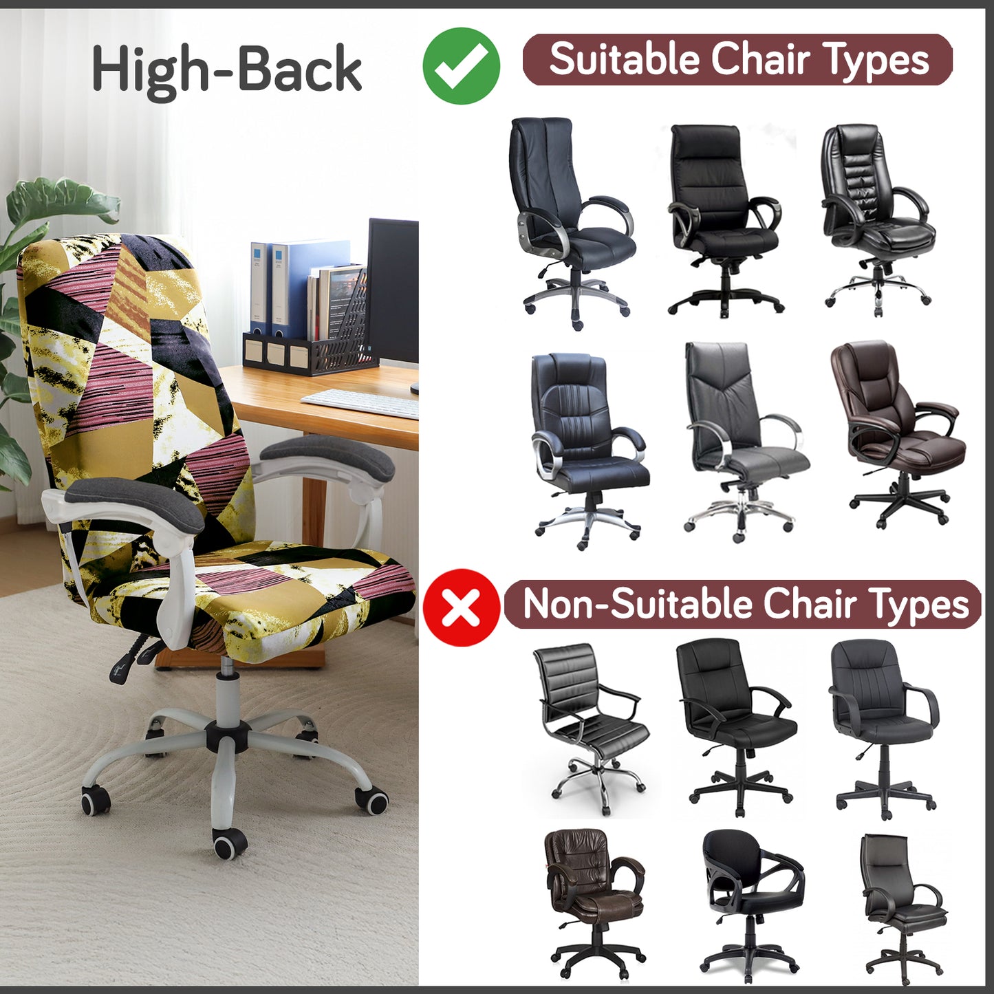 Printed Office Chair Cover for Executive Chair (High-Back) – 140 GSM Stretchable Fabric – Washable & Anti-Slip – Fits Big & Tall Office Chairs, Wine Abstract Geometry