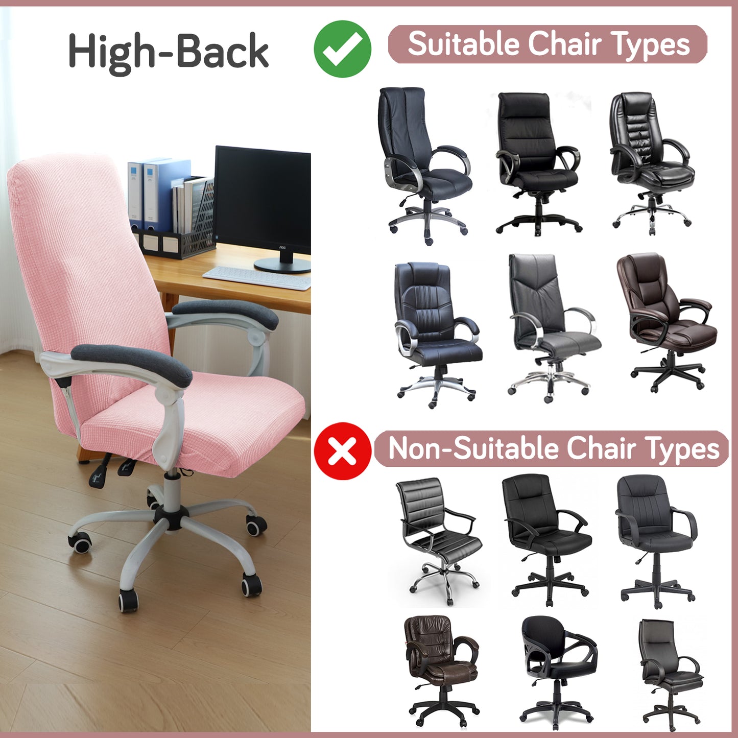 Water Repellent Office Chair Cover for Executive Chair (High-Back) – 210 GSM Stretchable Jacquard – Washable & Anti-Slip – Fits Big & Tall Office Chairs, Pink