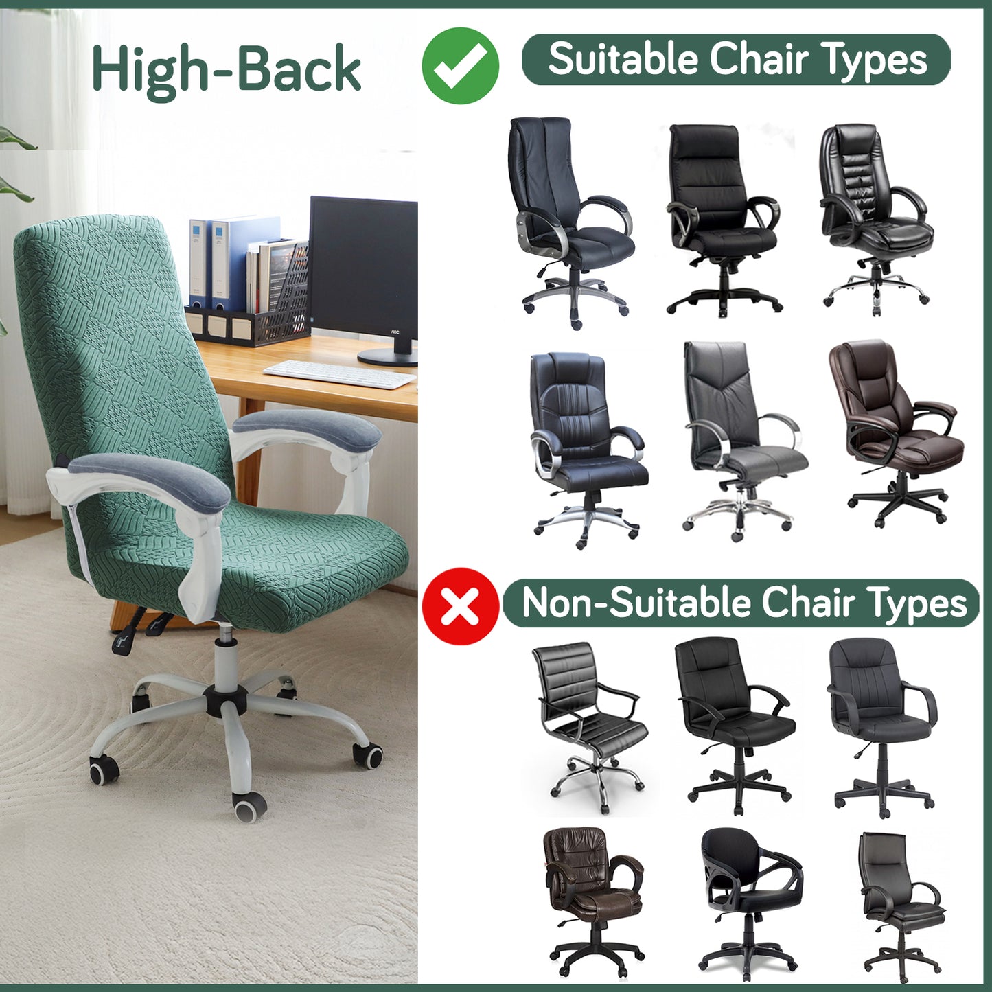 Office Chair Cover for Executive Chair (High-Back) – 170 GSM Stretchable Jacquard – Washable & Anti-Slip – Fits Big & Tall Office Chairs, Green