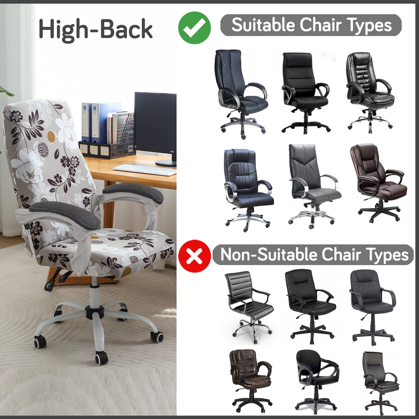 Printed Office Chair Cover for Executive Chair (High-Back) – 140 GSM Stretchable Fabric – Washable & Anti-Slip – Fits Big & Tall Office Chairs, Feather Brown Floral
