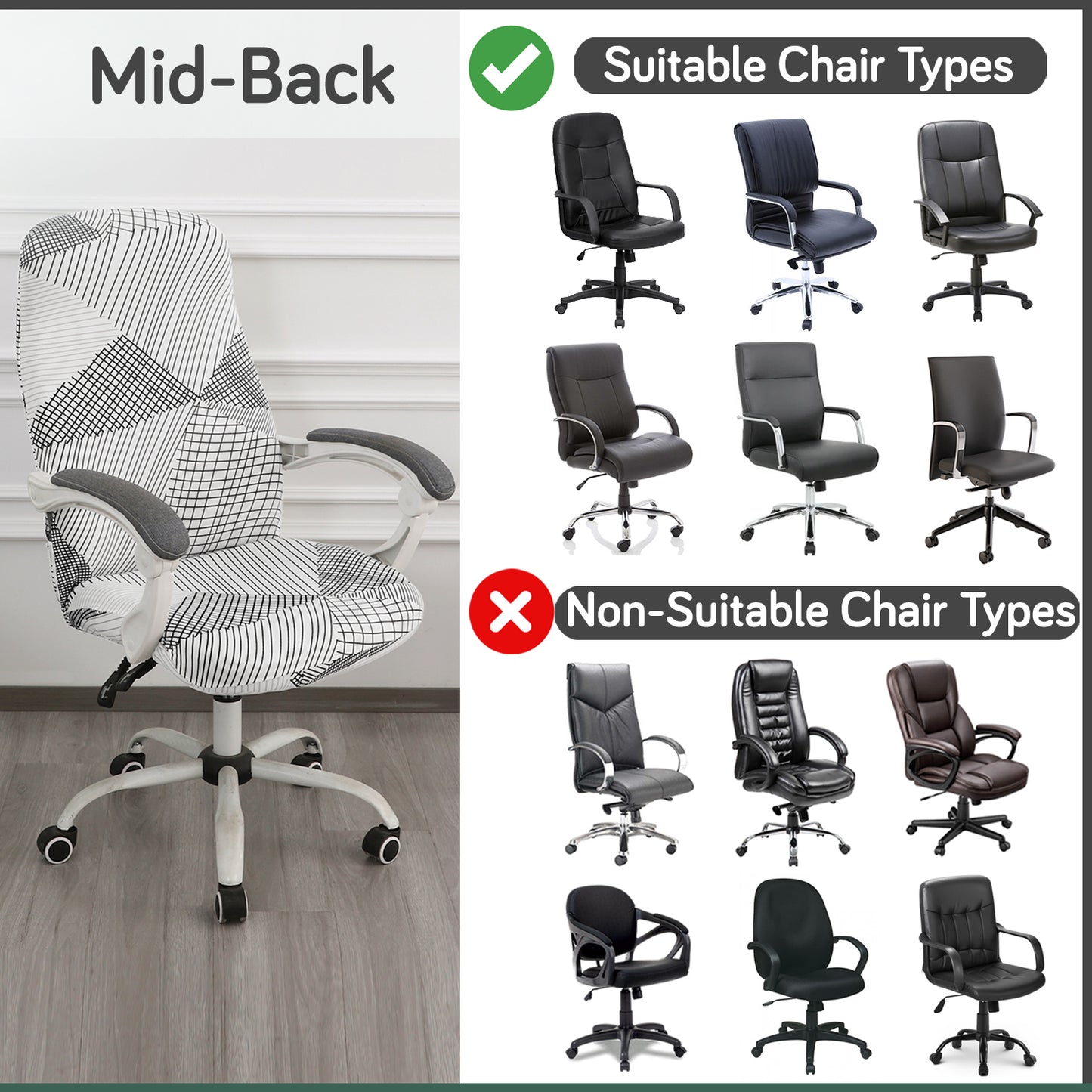 Printed Office Chair Cover for Desk Chair (Mid-Back) – 140 GSM Stretch Fabric – Washable, Durable & Anti-Slip – Fits Mid-Back Office Chairs, Snow White Black Geometry - Medium