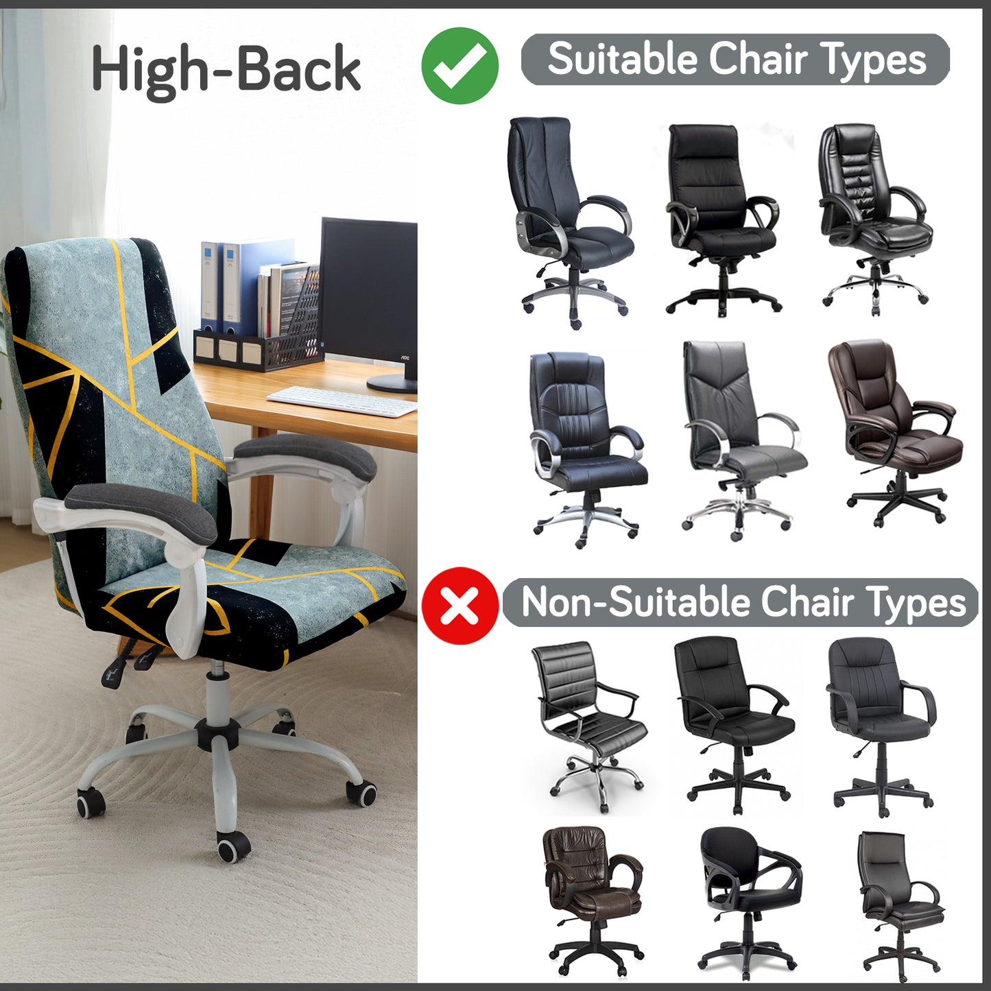 Printed Office Chair Cover for Executive Chair (High-Back) – 140 GSM Stretchable Fabric – Washable & Anti-Slip – Fits Big & Tall Office Chairs, Multicolor Abstract Geometry