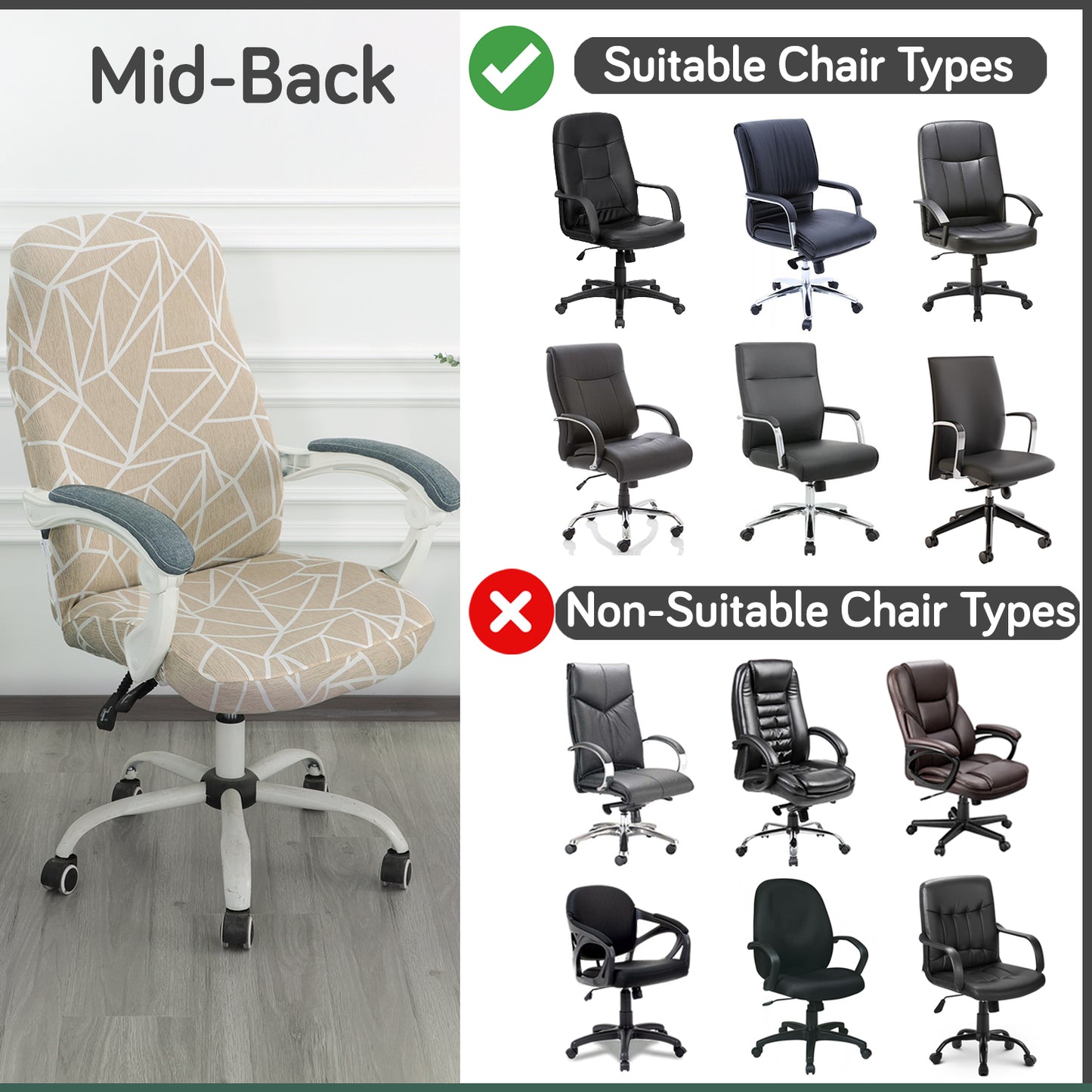 Printed Office Chair Cover for Desk Chair (Mid-Back) – 140 GSM Stretch Fabric – Washable, Durable & Anti-Slip – Fits Mid-Back Office Chairs, Beige Abstract Geometry - Medium