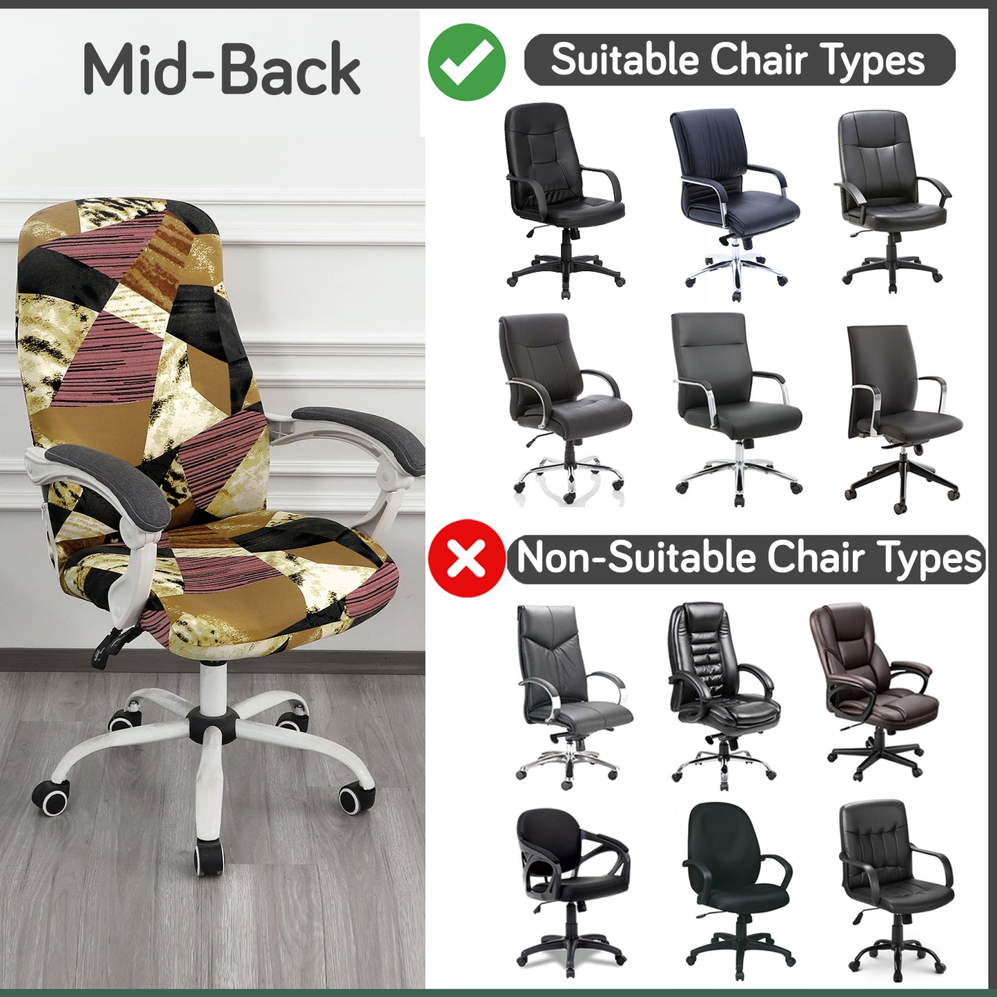 Printed Office Chair Cover for Desk Chair (Mid-Back) – 140 GSM Stretch Fabric – Washable, Durable & Anti-Slip – Fits Mid-Back Office Chairs, Wine Abstract Geometry - Medium