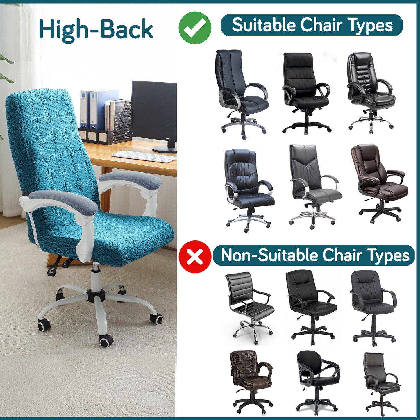 Office Chair Cover for Executive Chair (High-Back) – 170 GSM Stretchable Jacquard – Washable & Anti-Slip – Fits Big & Tall Office Chairs, Turquoise