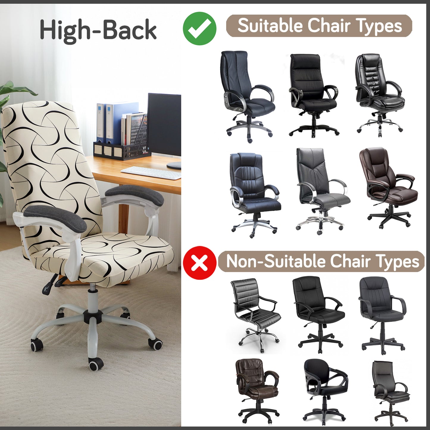 Printed Office Chair Cover for Executive Chair (High-Back) – 140 GSM Stretchable Fabric – Washable & Anti-Slip – Fits Big & Tall Office Chairs, Natural Beige Abstract Art