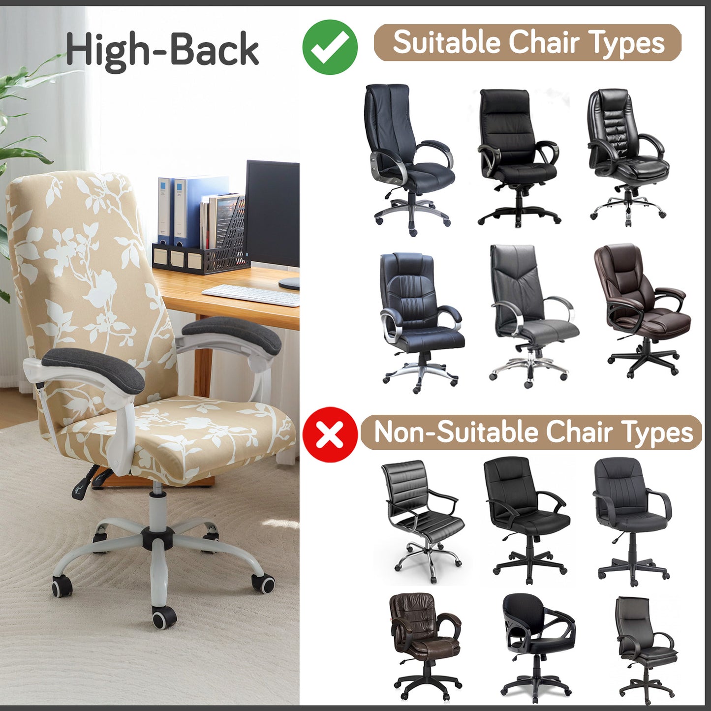 Printed Office Chair Cover for Executive Chair (High-Back) – 140 GSM Stretchable Fabric – Washable & Anti-Slip – Fits Big & Tall Office Chairs, Buff Brown Sillehoute Floral