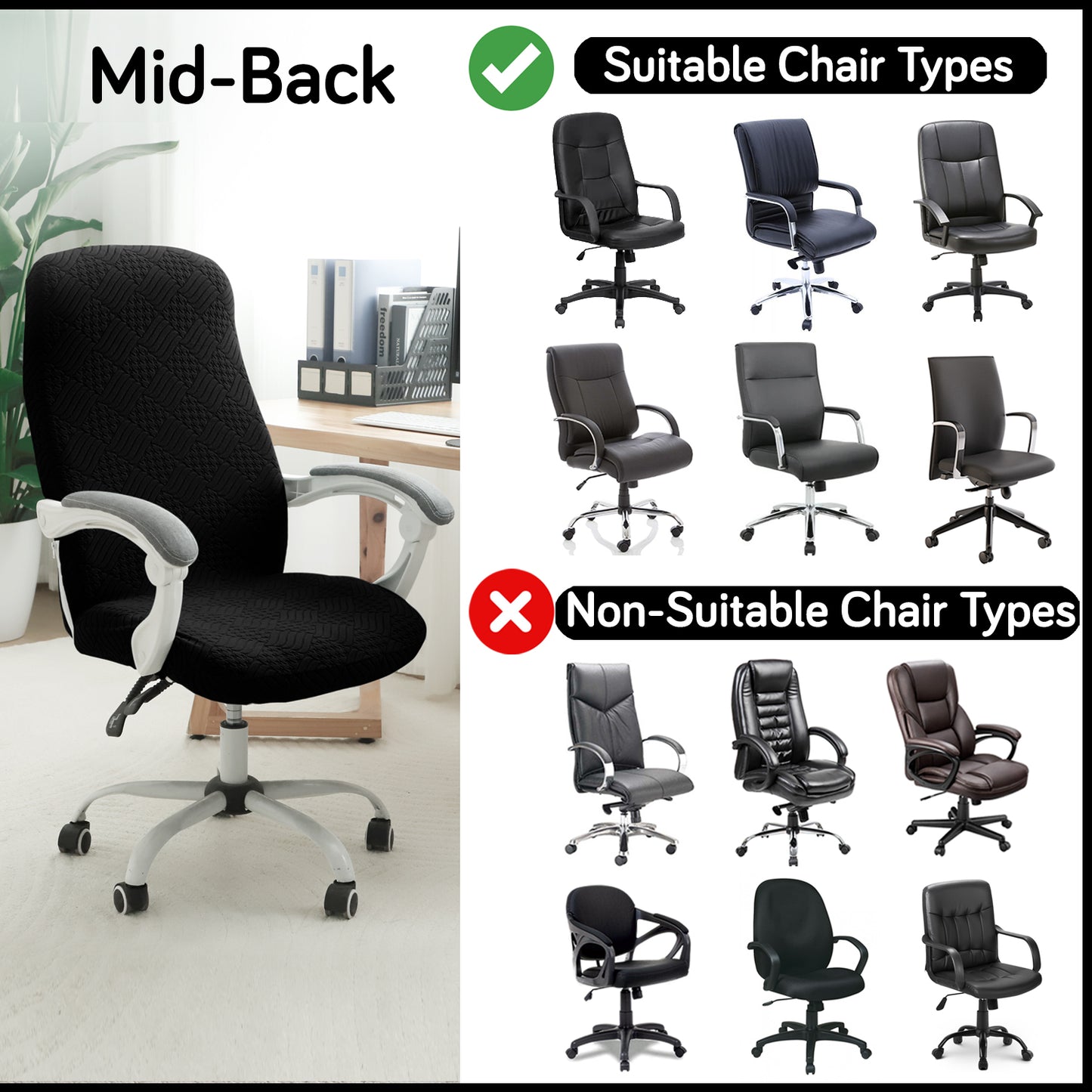 Office Chair Cover for Desk Chair (Mid-Back) – 170 GSM Stretch Jacquard – Washable, Durable & Anti-Slip – Fits Mid-Back Office Chairs, Black