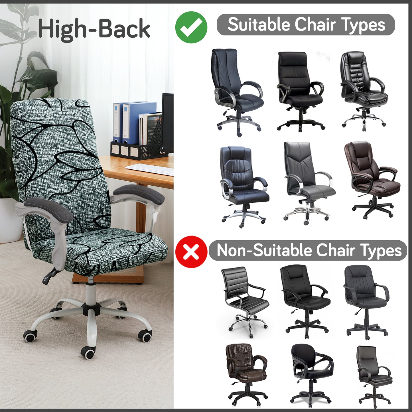 Printed Office Chair Cover for Executive Chair (High-Back) – 140 GSM Stretchable Fabric – Washable & Anti-Slip – Fits Big & Tall Office Chairs, Intense Grey Abstract Floral