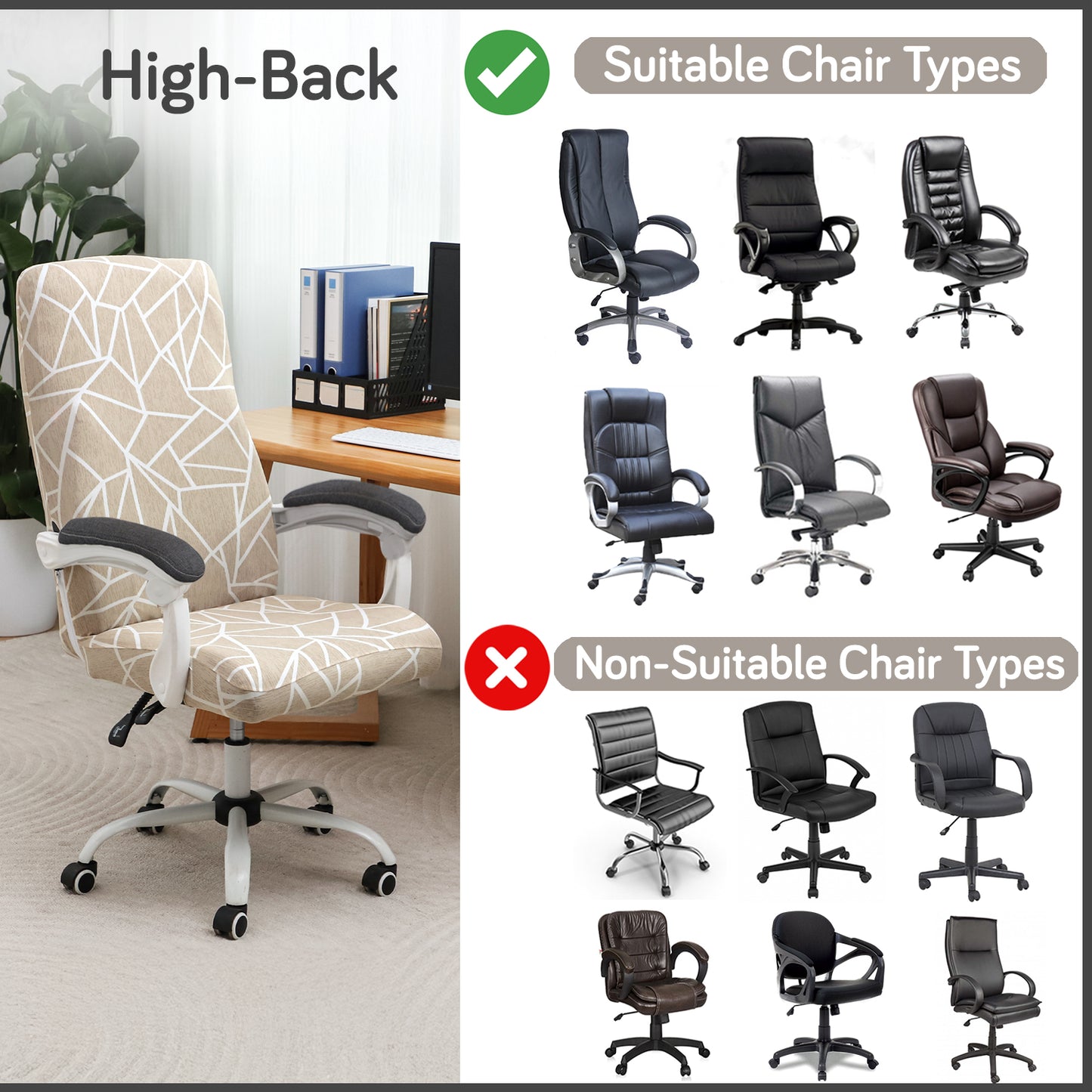 Printed Office Chair Cover for Executive Chair (High-Back) – 140 GSM Stretchable Fabric – Washable & Anti-Slip – Fits Big & Tall Office Chairs, Beige Abstract Geometry