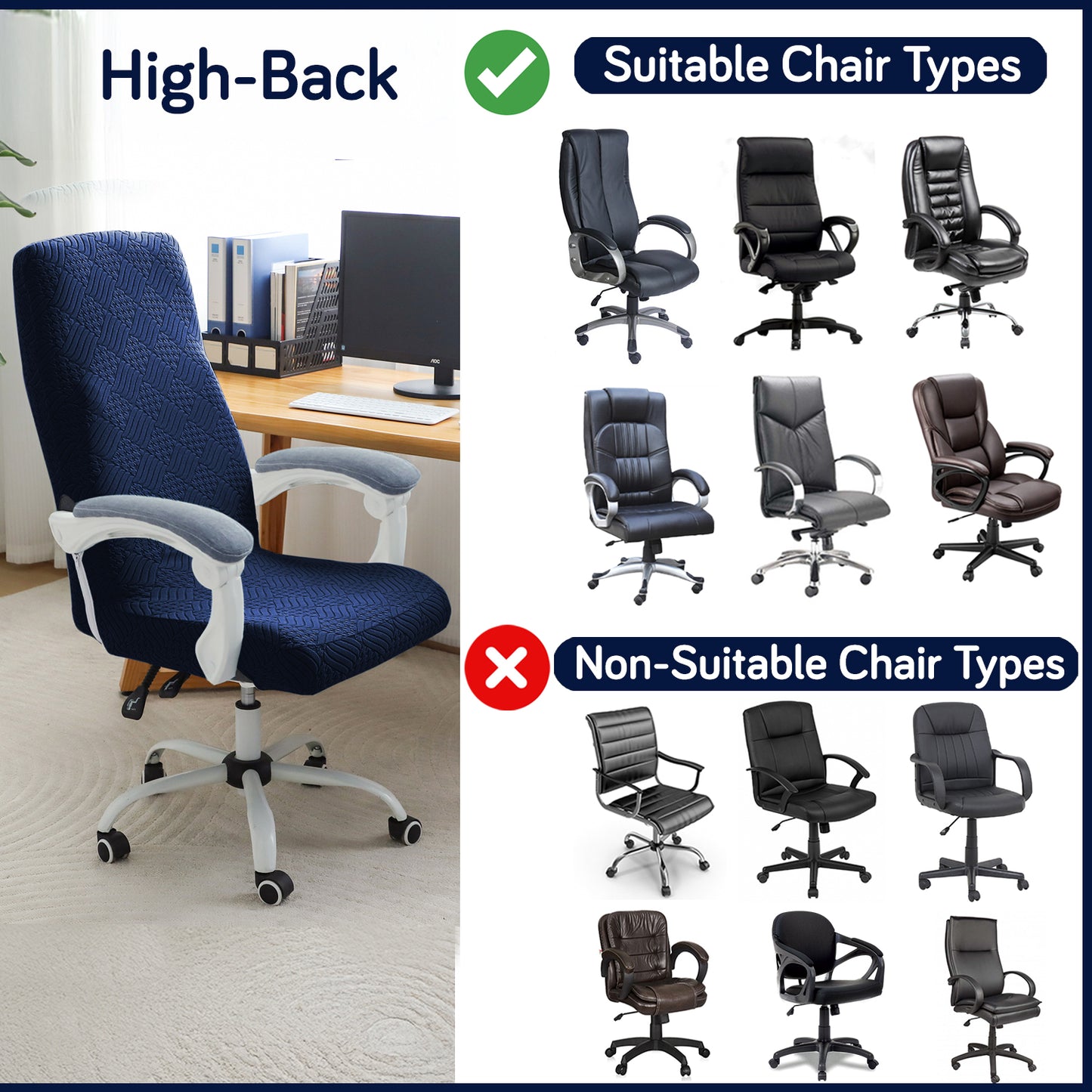 Office Chair Cover for Executive Chair (High-Back) – 170 GSM Stretchable Jacquard – Washable & Anti-Slip – Fits Big & Tall Office Chairs, Navy Blue
