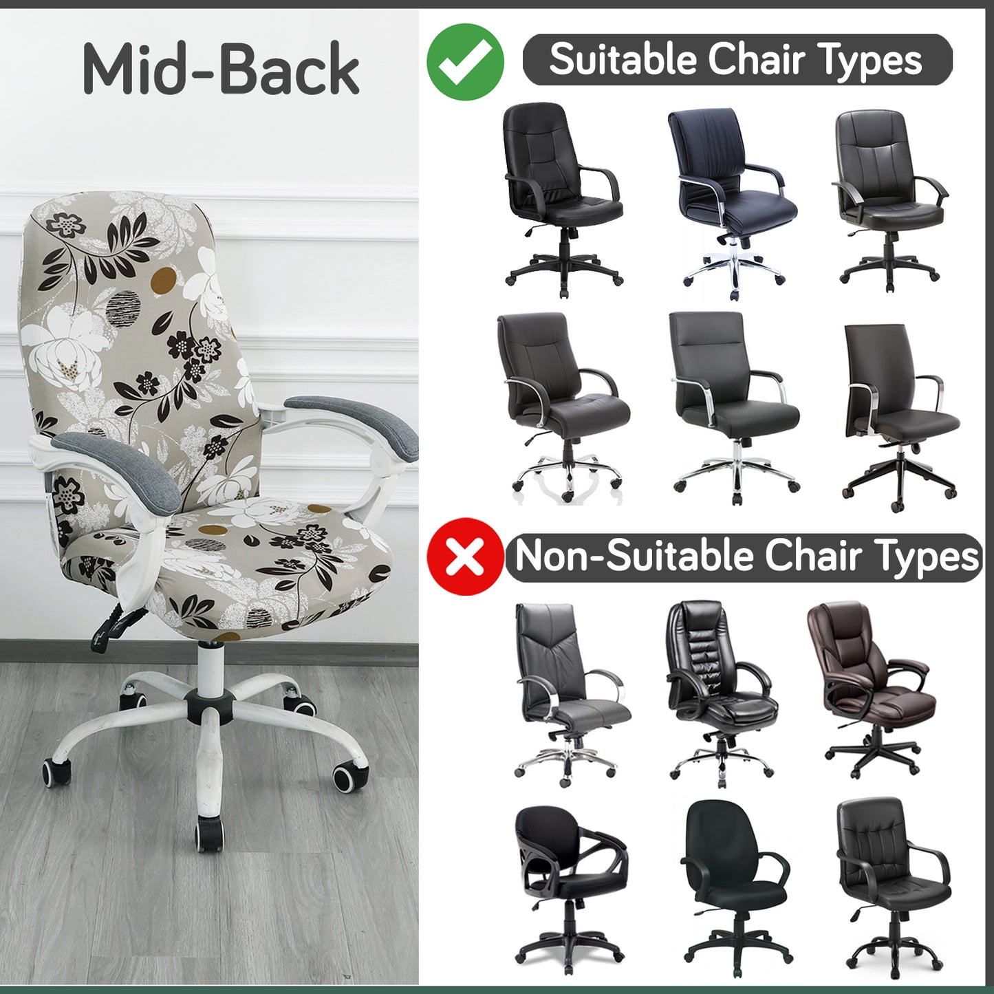Printed Office Chair Cover for Desk Chair (Mid-Back) – 140 GSM Stretch Fabric – Washable, Durable & Anti-Slip – Fits Mid-Back Office Chairs, Feather Brown Floral - Medium