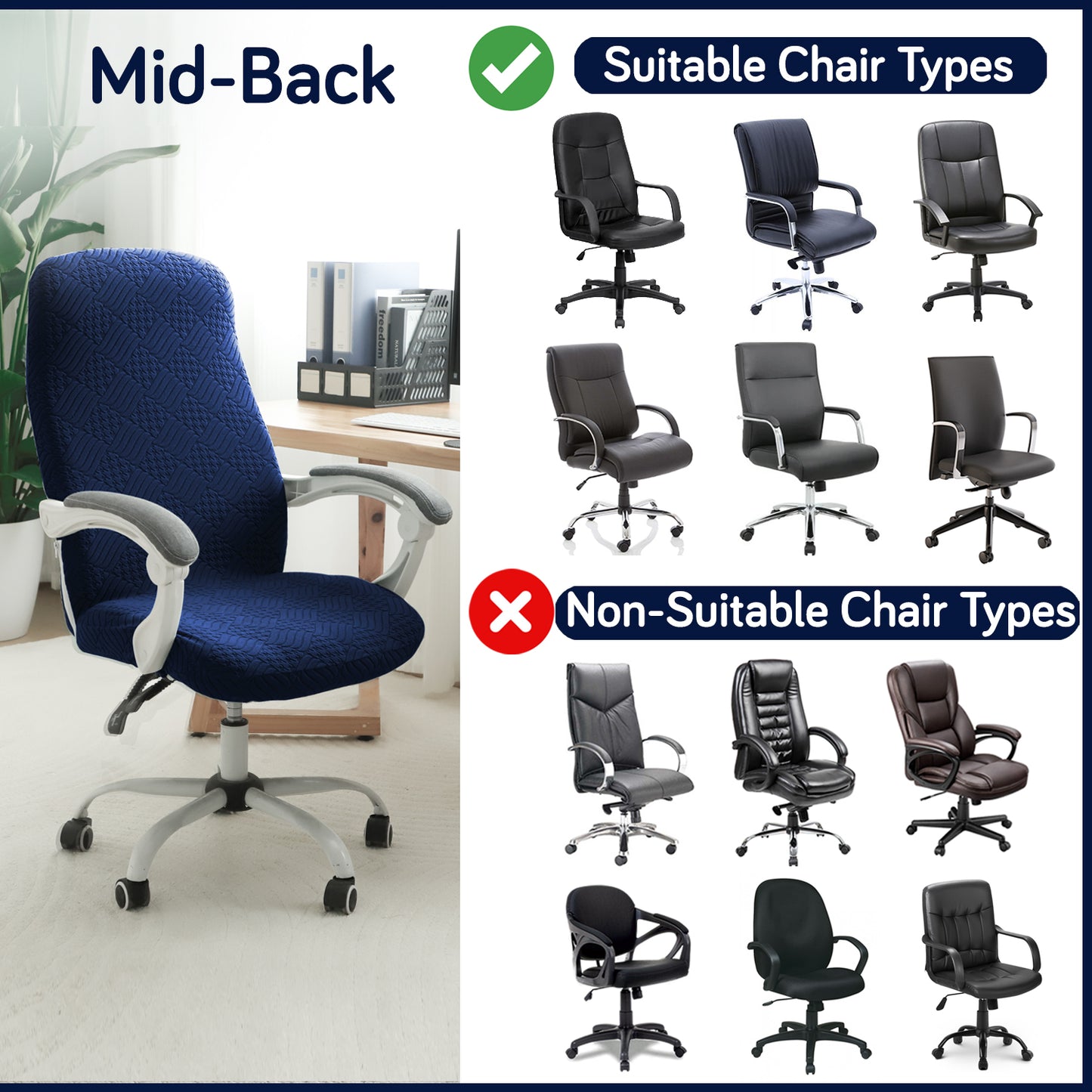 Office Chair Cover for Desk Chair (Mid-Back) – 170 GSM Stretch Jacquard – Washable, Durable & Anti-Slip – Fits Mid-Back Office Chairs, Navy Blue