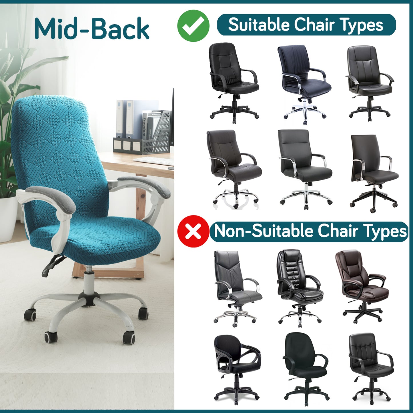 Office Chair Cover for Desk Chair (Mid-Back) – 170 GSM Stretch Jacquard – Washable, Durable & Anti-Slip – Fits Mid-Back Office Chairs, Turquoise