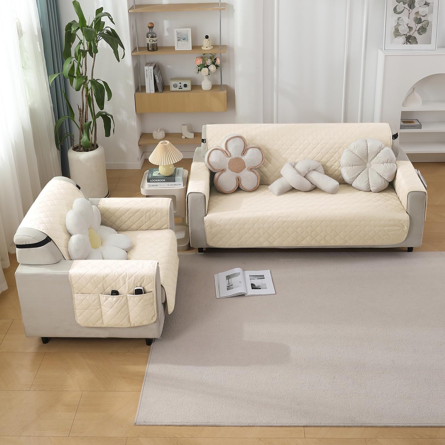 Quilted Waterproof Sofa Cover Mat with Pockets on Armrest Cover - Cream
