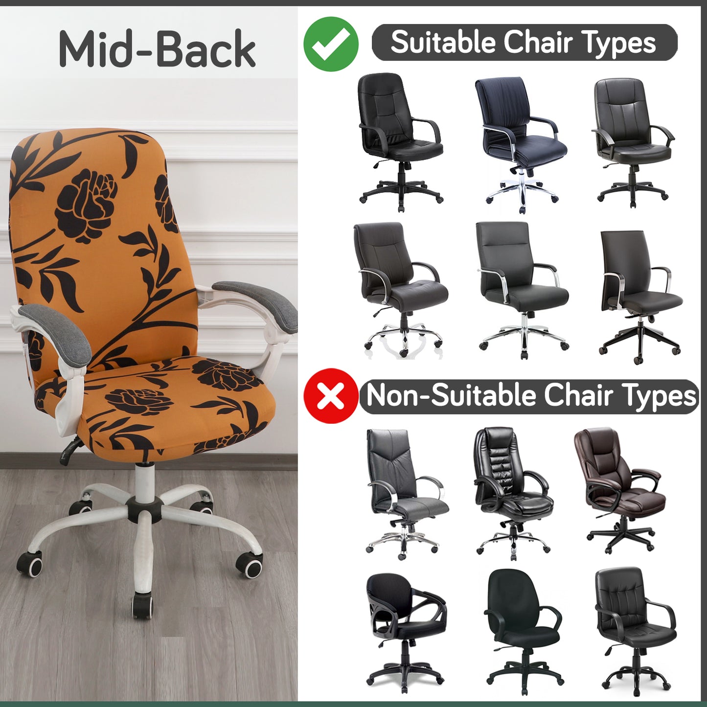 Printed Office Chair Cover for Desk Chair (Mid-Back) – 140 GSM Stretch Fabric – Durable & Anti-Slip – Fits Mid-Back Office Chairs, Copper Brown Floral - Medium