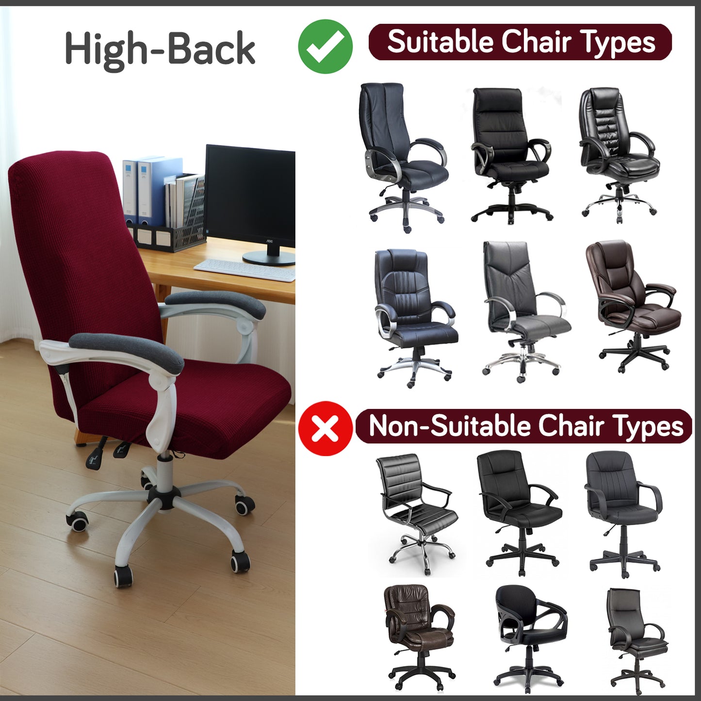 Water Repellent Office Chair Cover for Executive Chair (High-Back) – 210 GSM Stretchable Jacquard – Washable & Anti-Slip – Fits Big & Tall Office Chairs, Burgundy