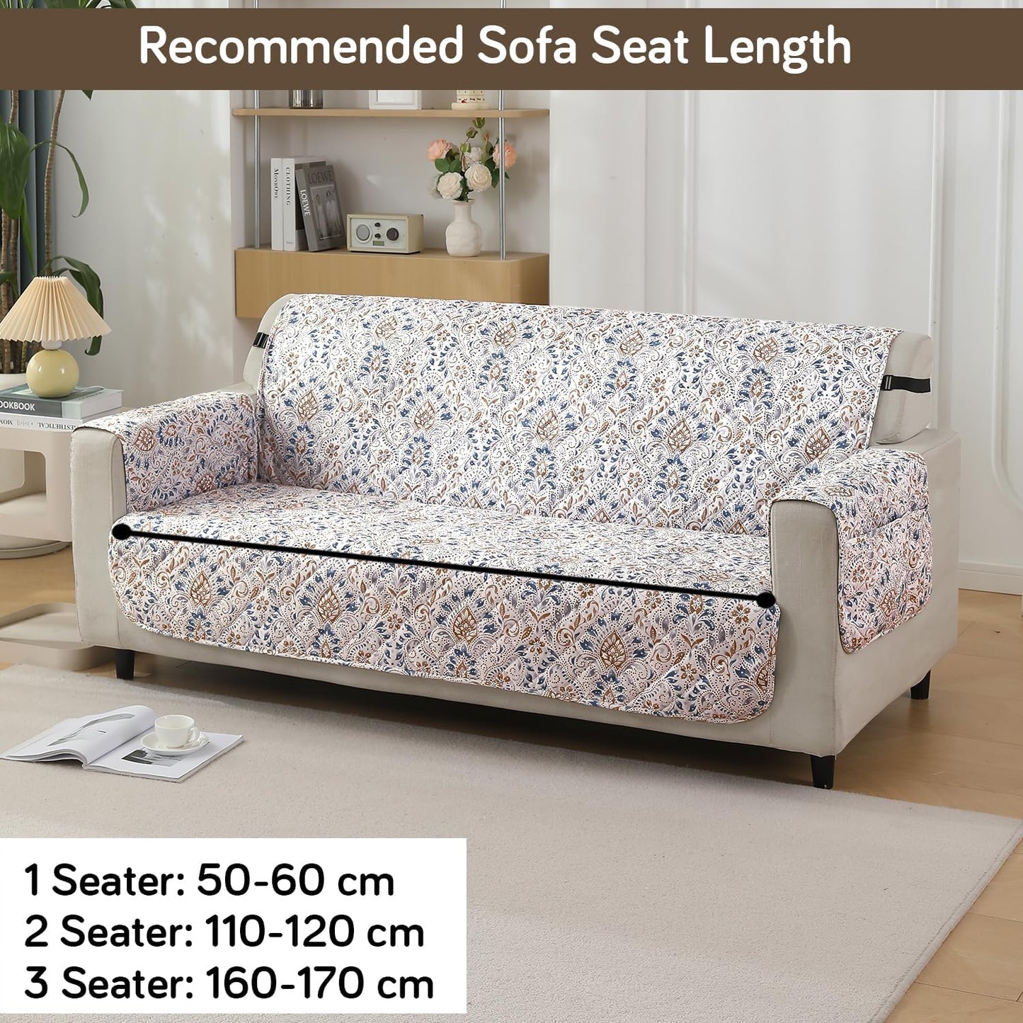 Quilted Waterproof Sofa Cover Mat with Pockets on Armrest Cover -Damask White